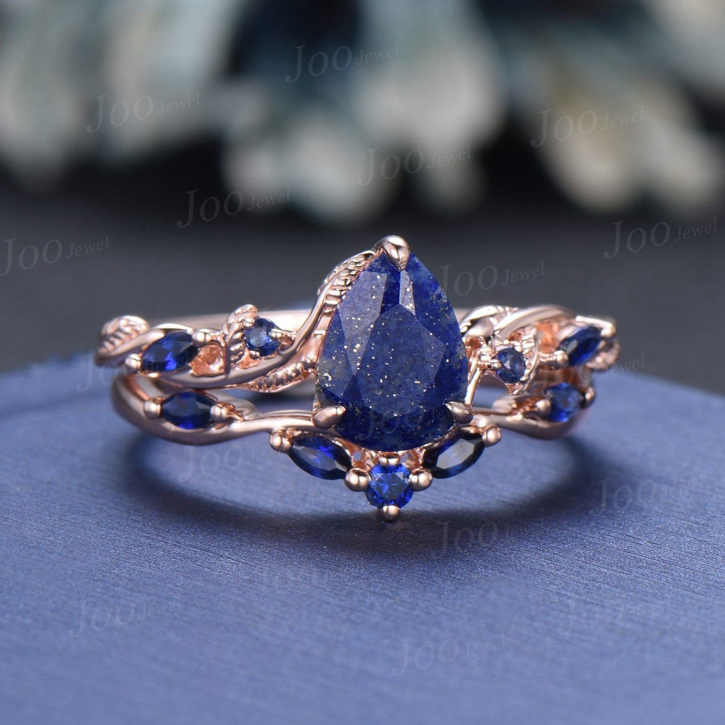 Natural Pear Lapis Lazuli Engagement Ring Set14K Rose Gold Vintage Lapis Gold Wedding Ring Blue Sapphire Ring Antique Christmas Gift for Mom