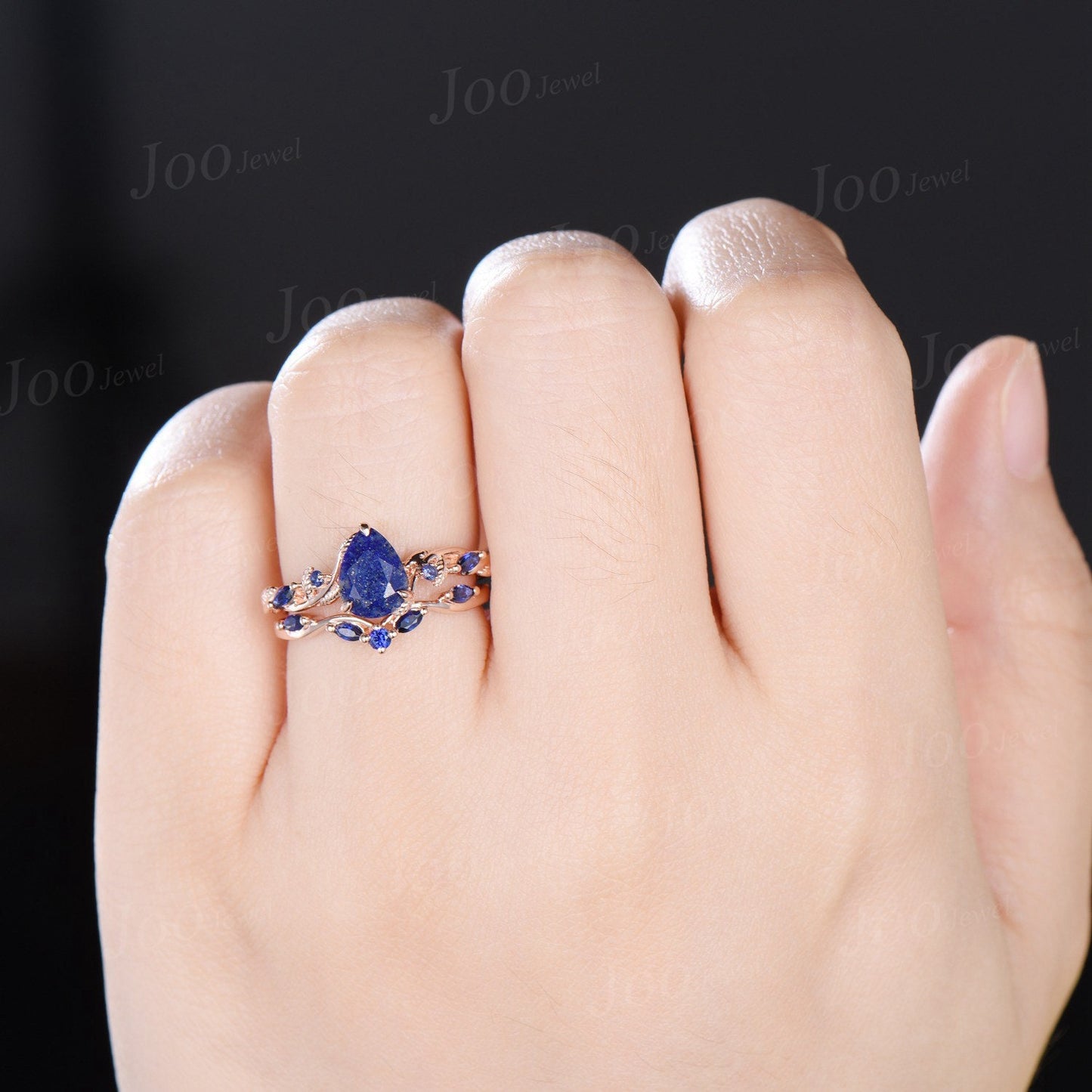 Natural Pear Lapis Lazuli Engagement Ring Set14K Rose Gold Vintage Lapis Gold Wedding Ring Blue Sapphire Ring Antique Christmas Gift for Mom