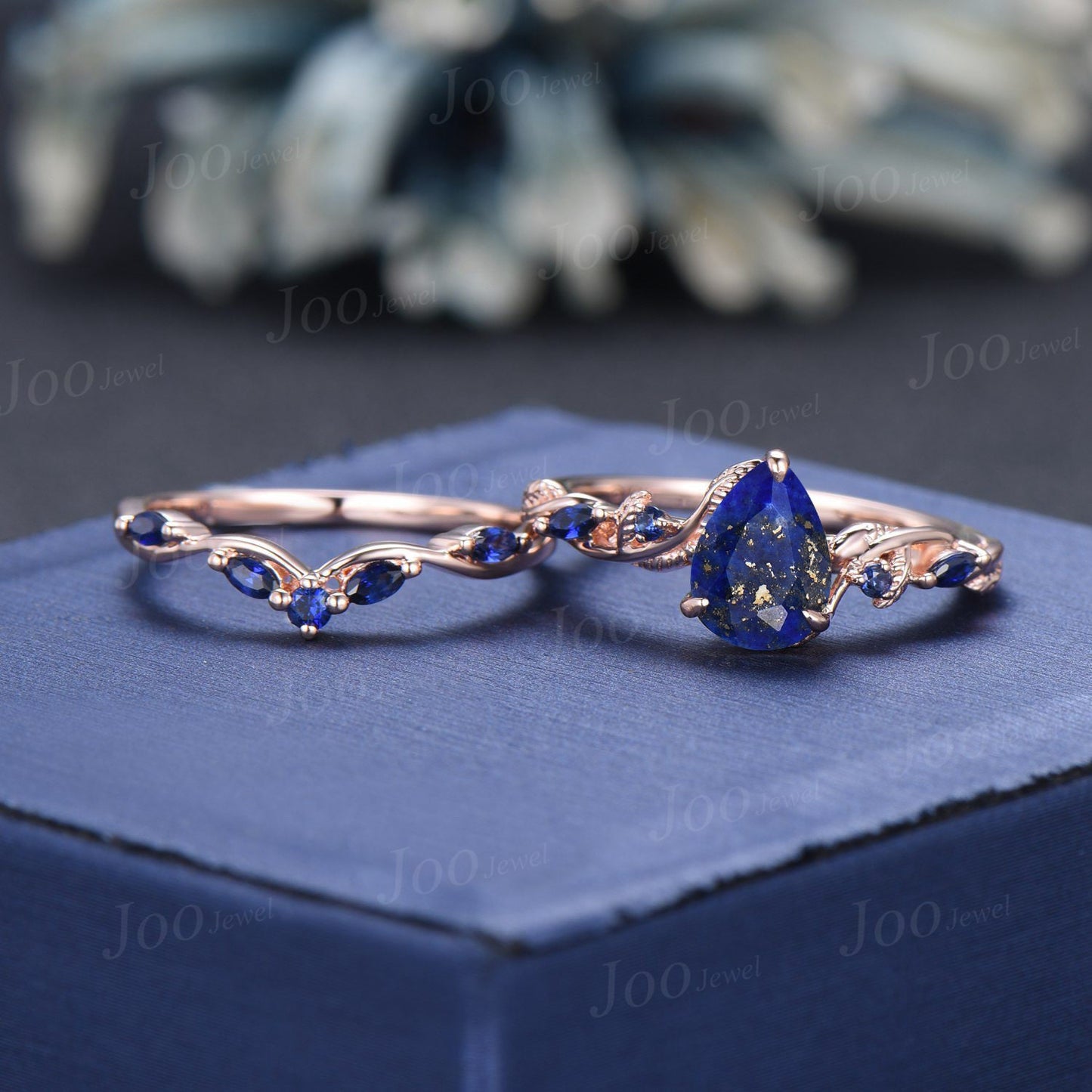 Natural Pear Lapis Lazuli Engagement Ring Set14K Rose Gold Vintage Lapis Gold Wedding Ring Blue Sapphire Ring Antique Christmas Gift for Mom