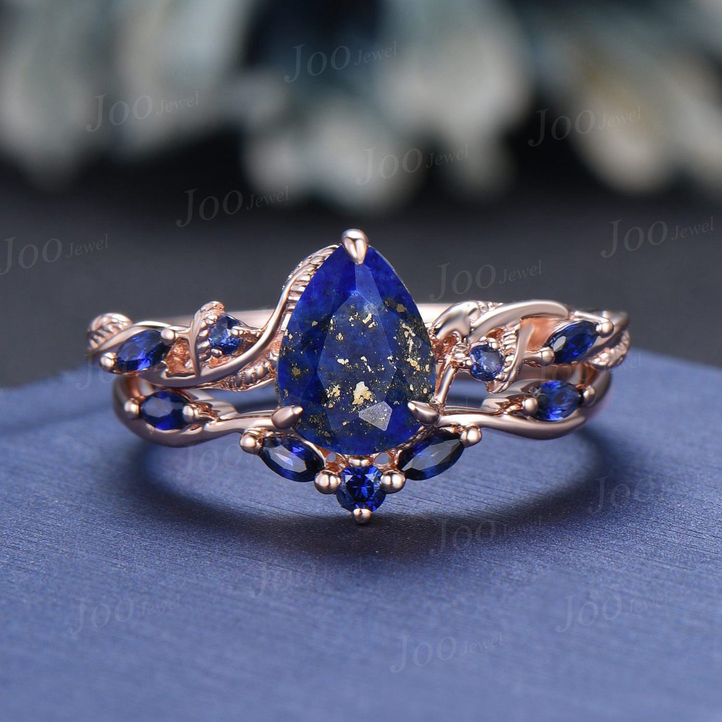 Natural Pear Lapis Lazuli Engagement Ring Set14K Rose Gold Vintage Lapis Gold Wedding Ring Blue Sapphire Ring Antique Christmas Gift for Mom