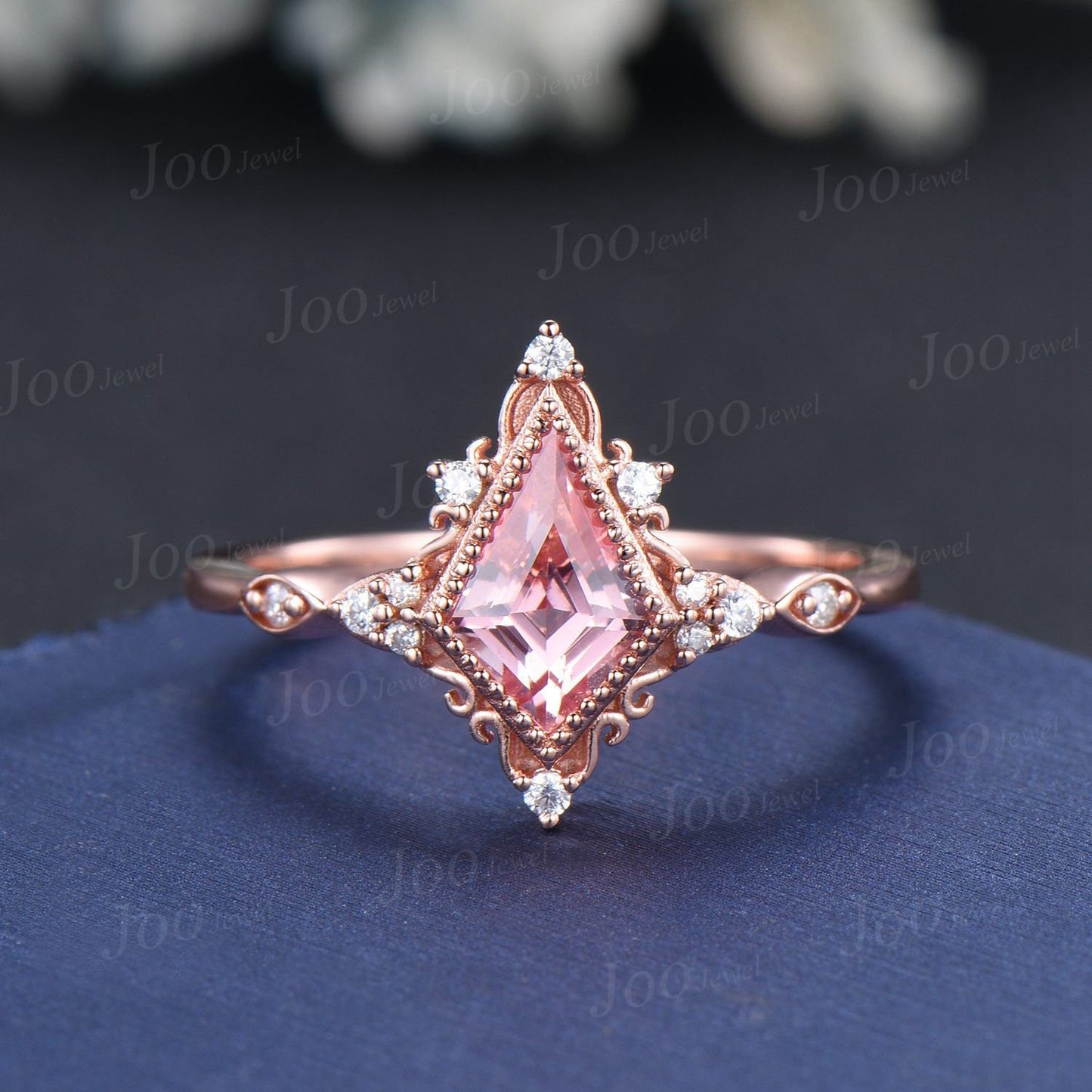 Kite Cut Pink Padparadscha Diamond Halo Engagement Ring 14K Rose Gold Filigree Wedding Ring Vintage Ring Romantic Anniversary Gift For Women