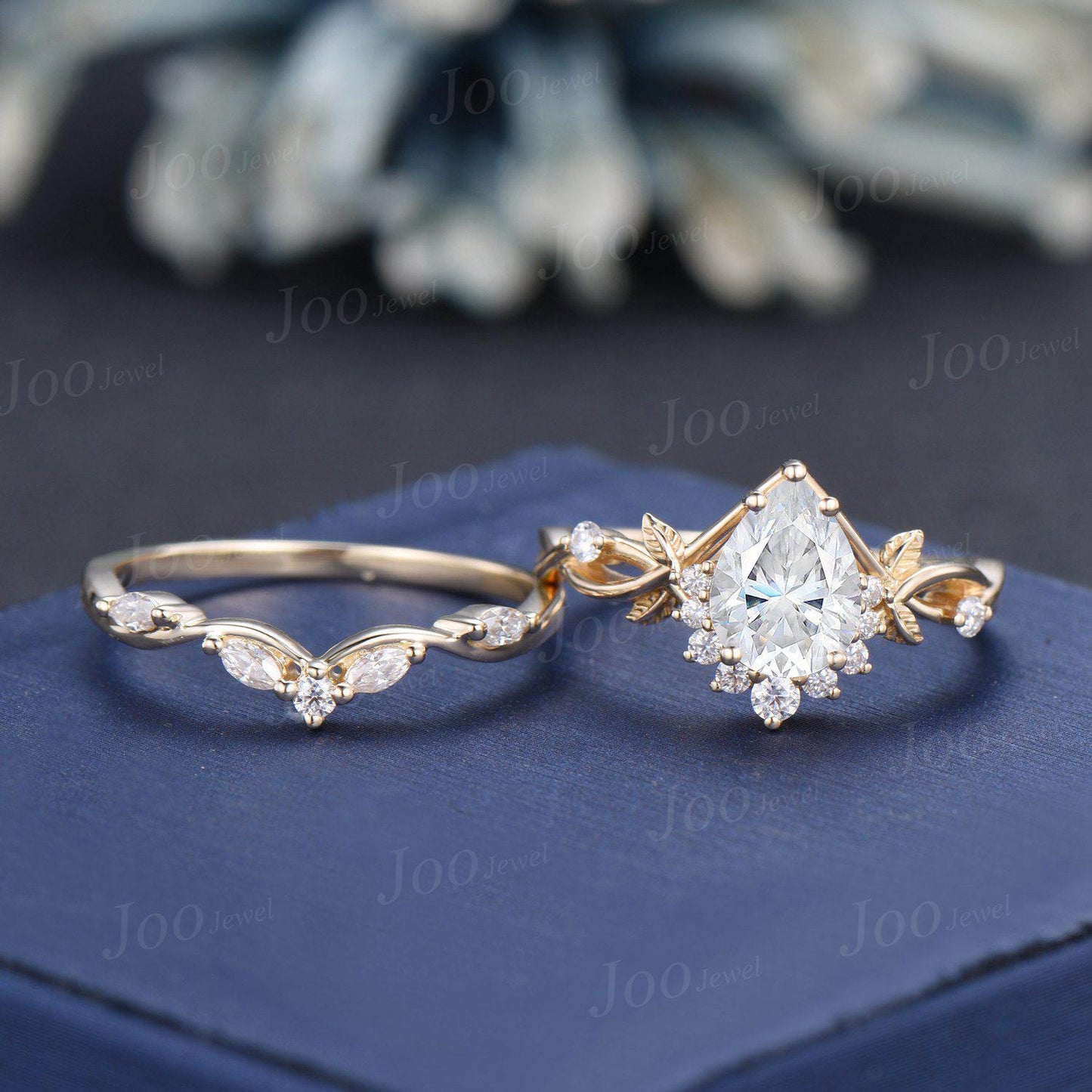 Pear Moissanite Bridal Ring 14K Yellow Gold 1.25ct Teardrop Moissanite Diamond Split Shank Twisted Wedding Ring Leaf Vine Branch Ring Set