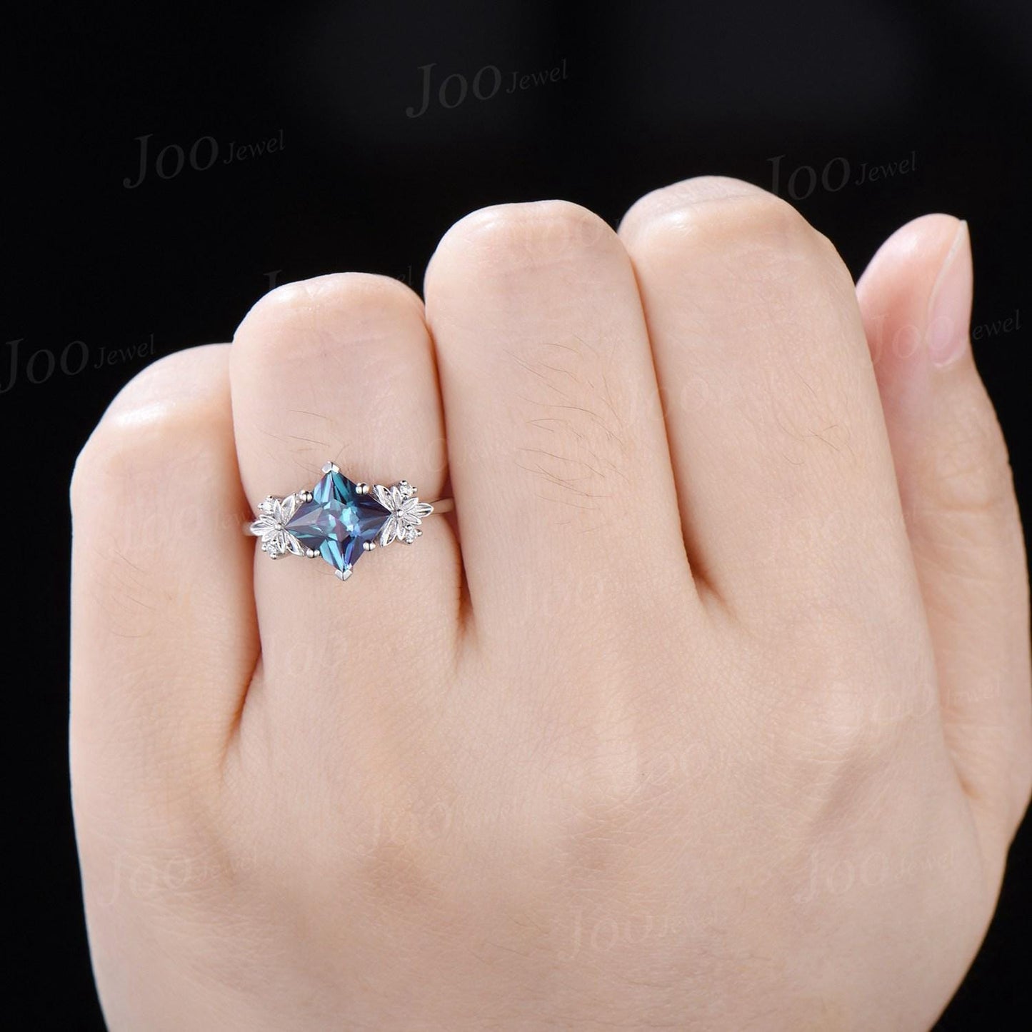 Princess Cut Alexandrite Diamond Trinity Celtic Knot Engagement Ring 14K Rose Gold Scottish Irish Leaf Branch Ring Unique Anniversary Gifts