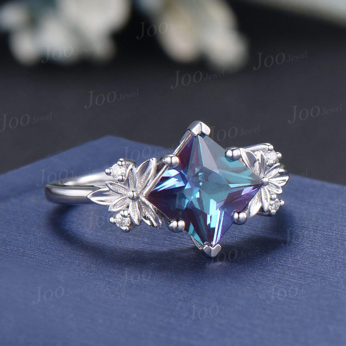 Princess Cut Alexandrite Diamond Trinity Celtic Knot Engagement Ring 14K Rose Gold Scottish Irish Leaf Branch Ring Unique Anniversary Gifts