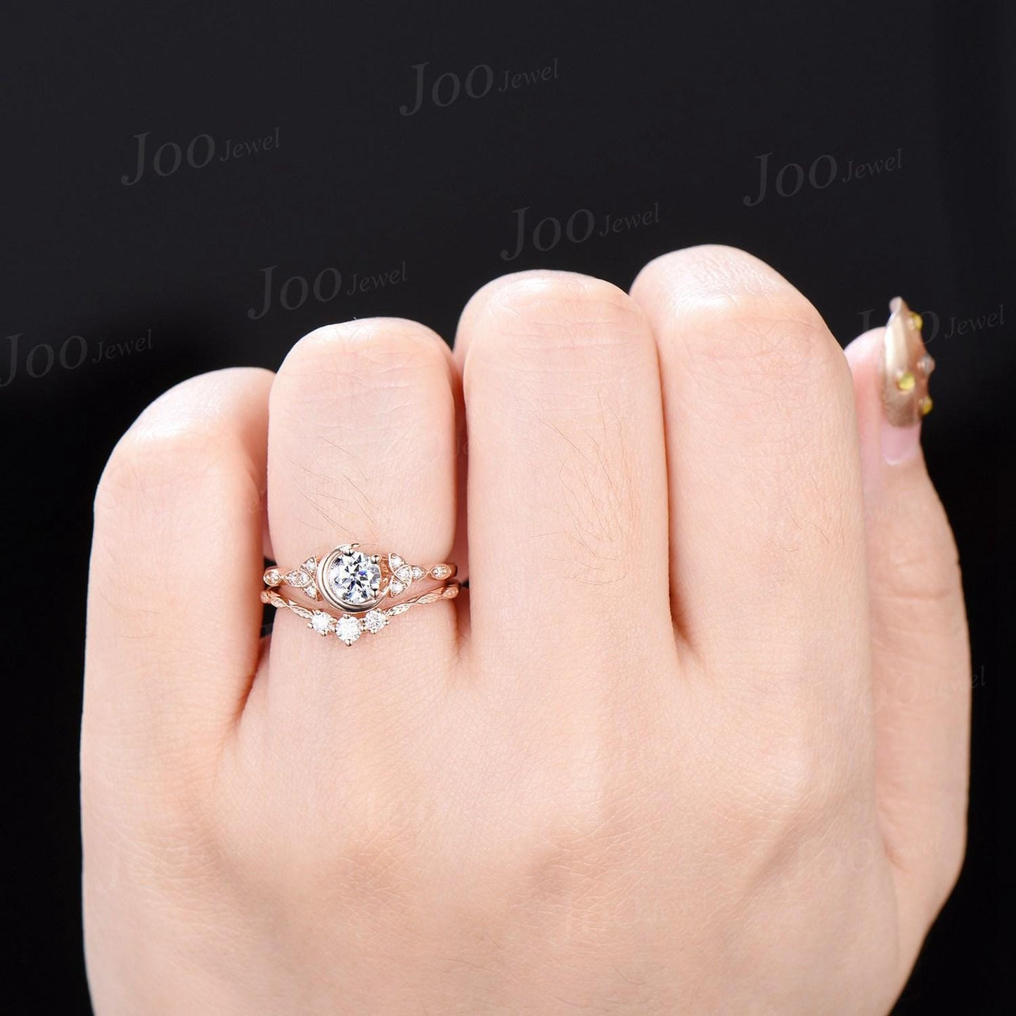 Celtic Moon Moissanite Engagement Ring Set 14K Real Rose Gold Round Cut Moissanite Wedding Ring Trinity Knot Bridal Set Unique Proposal Ring