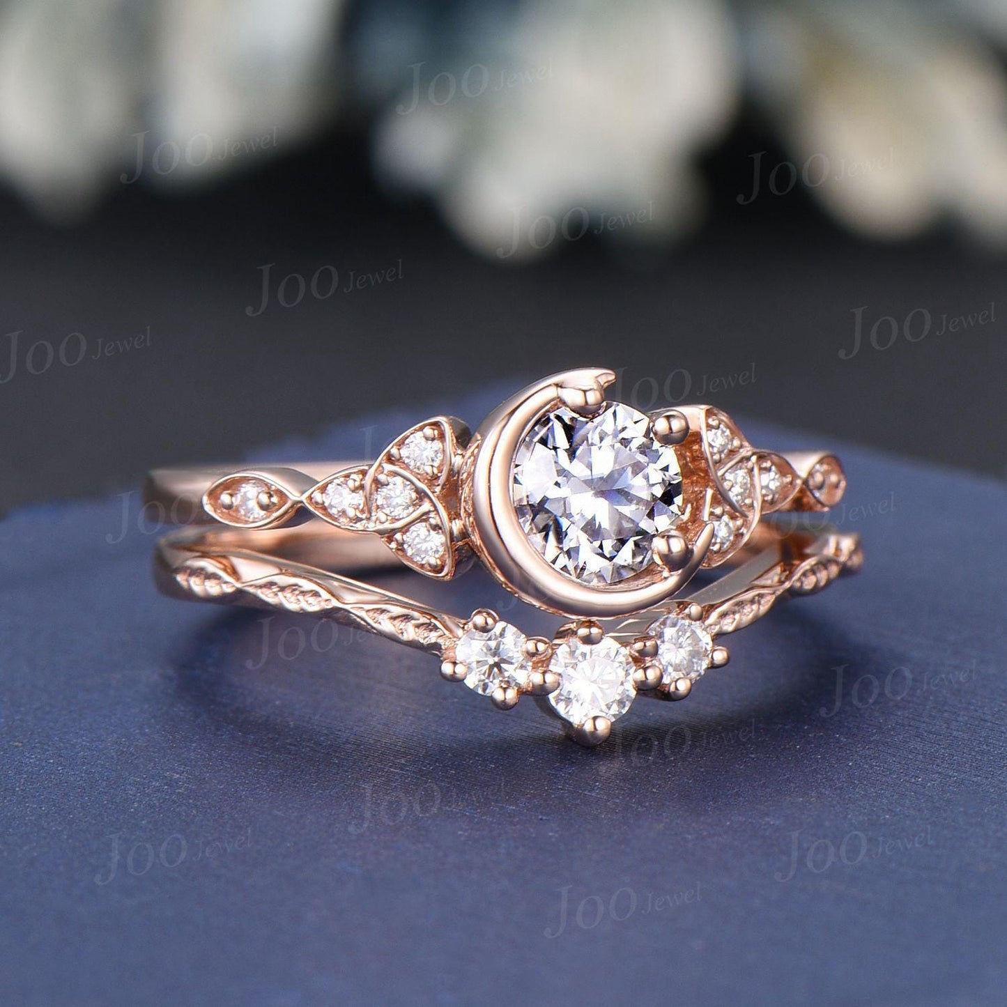 Celtic Moon Moissanite Engagement Ring Set 14K Real Rose Gold Round Cut Moissanite Wedding Ring Trinity Knot Bridal Set Unique Proposal Ring