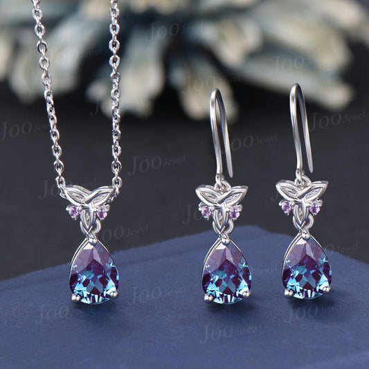 Color-Change Alexandrite Drop Earrings Necklace Set Sterling Silver Pear Alexandrite Amethyst Celtic Trinity Knot Earrings Pendant for Women