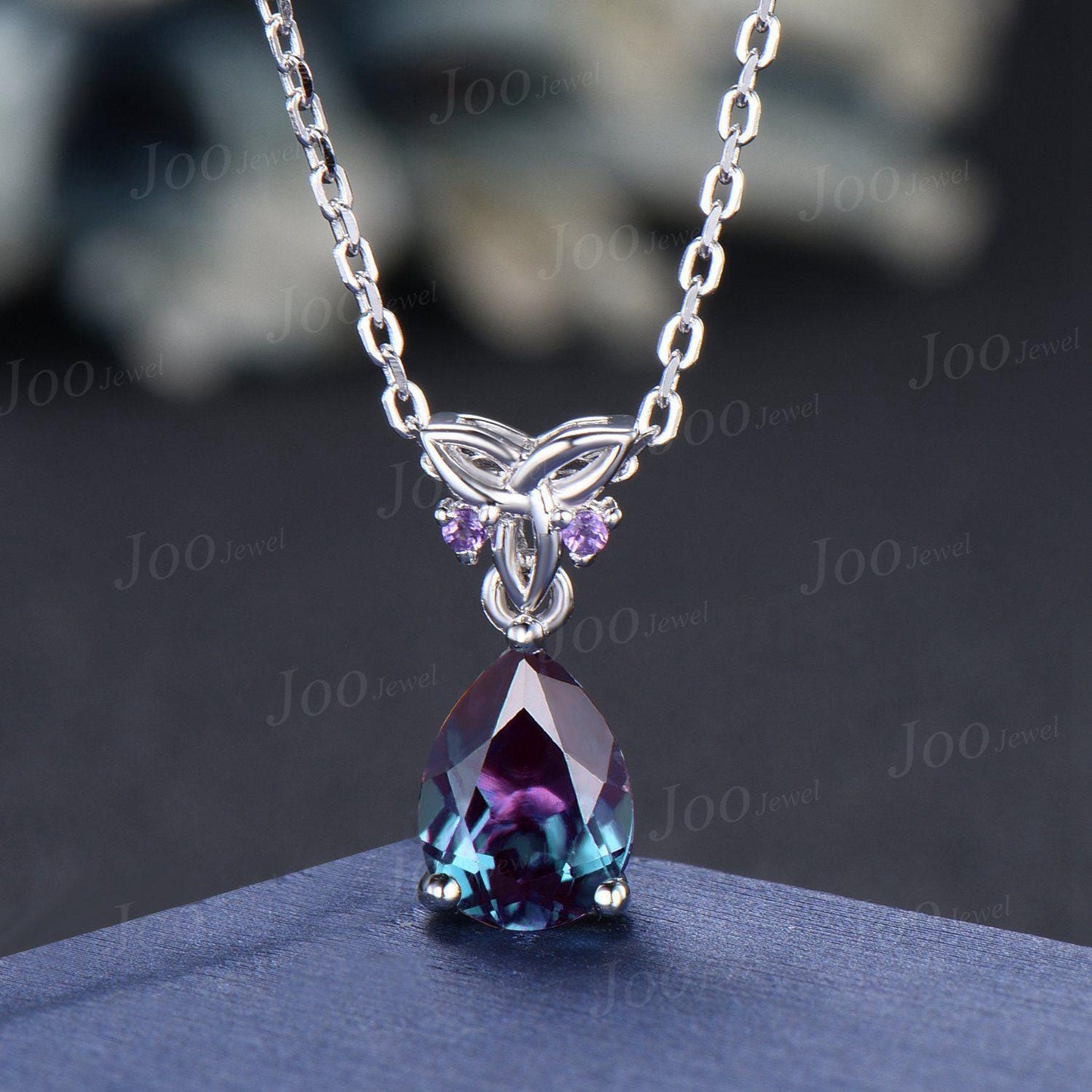 Color-Change Alexandrite Drop Earrings Necklace Set Sterling Silver Pear Alexandrite Amethyst Celtic Trinity Knot Earrings Pendant for Women