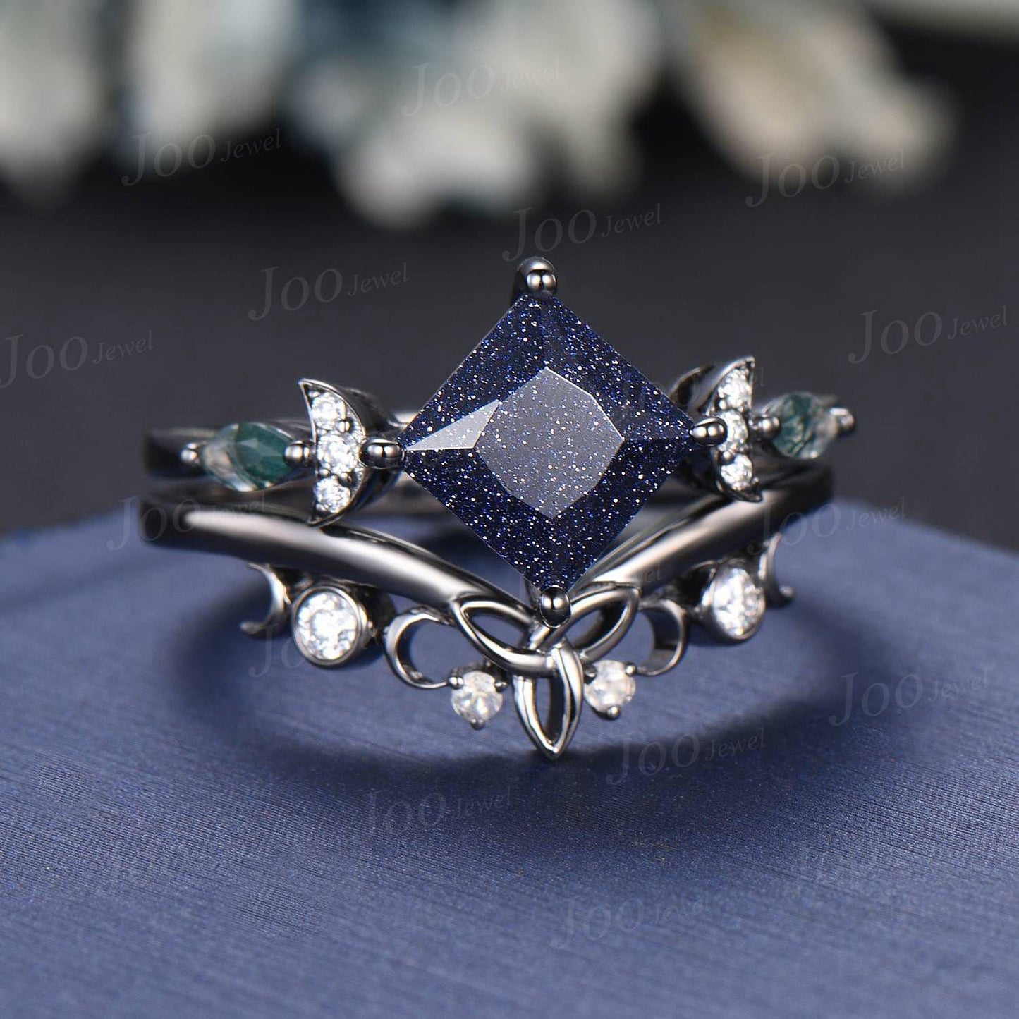 2ct Princess Cut Galaxy Blue Sandstone Celestial Engagement Ring Set Triple Moon Band Gothic Black Gold Blue Goldstone Moon Phase Ring Women