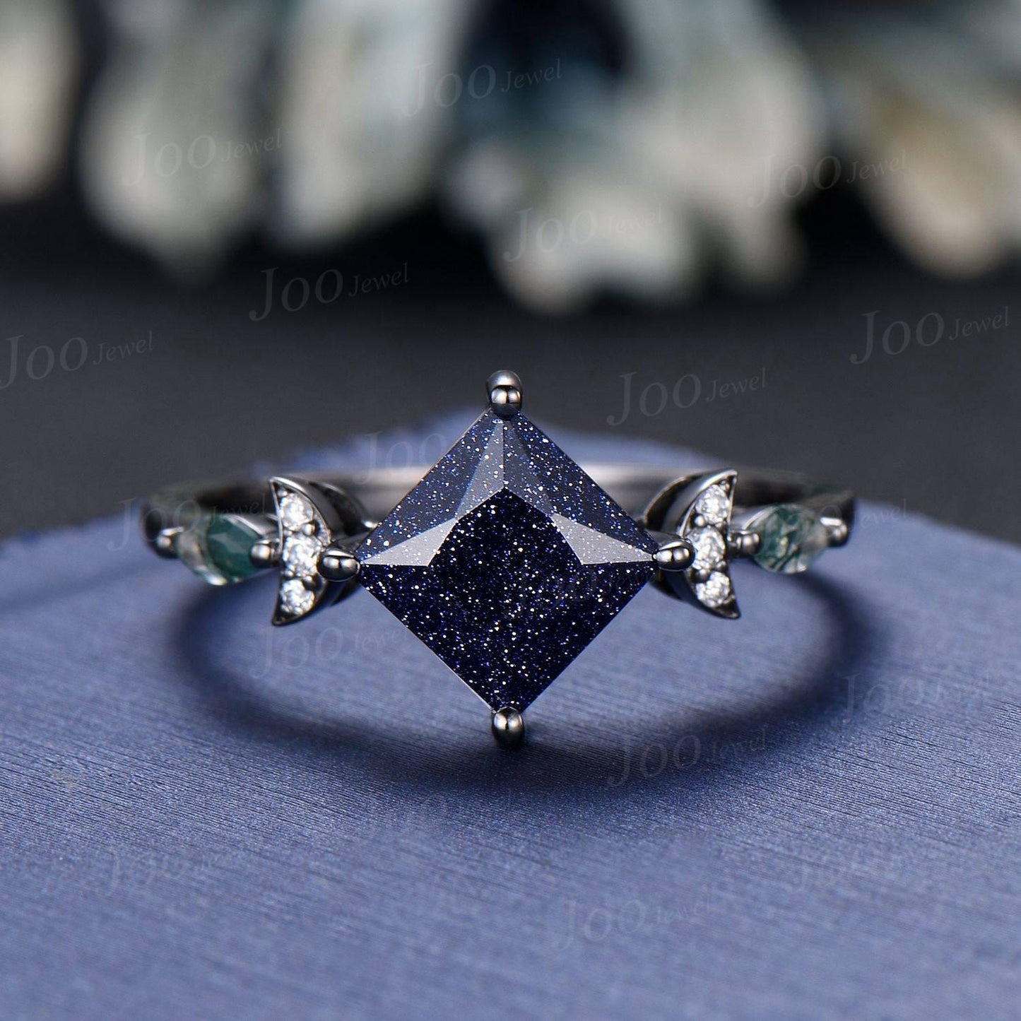 2ct Princess Cut Galaxy Blue Sandstone Celestial Engagement Ring Set Triple Moon Band Gothic Black Gold Blue Goldstone Moon Phase Ring Women
