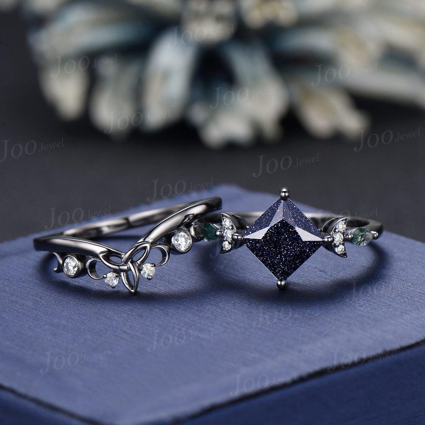 2ct Princess Cut Galaxy Blue Sandstone Celestial Engagement Ring Set Triple Moon Band Gothic Black Gold Blue Goldstone Moon Phase Ring Women