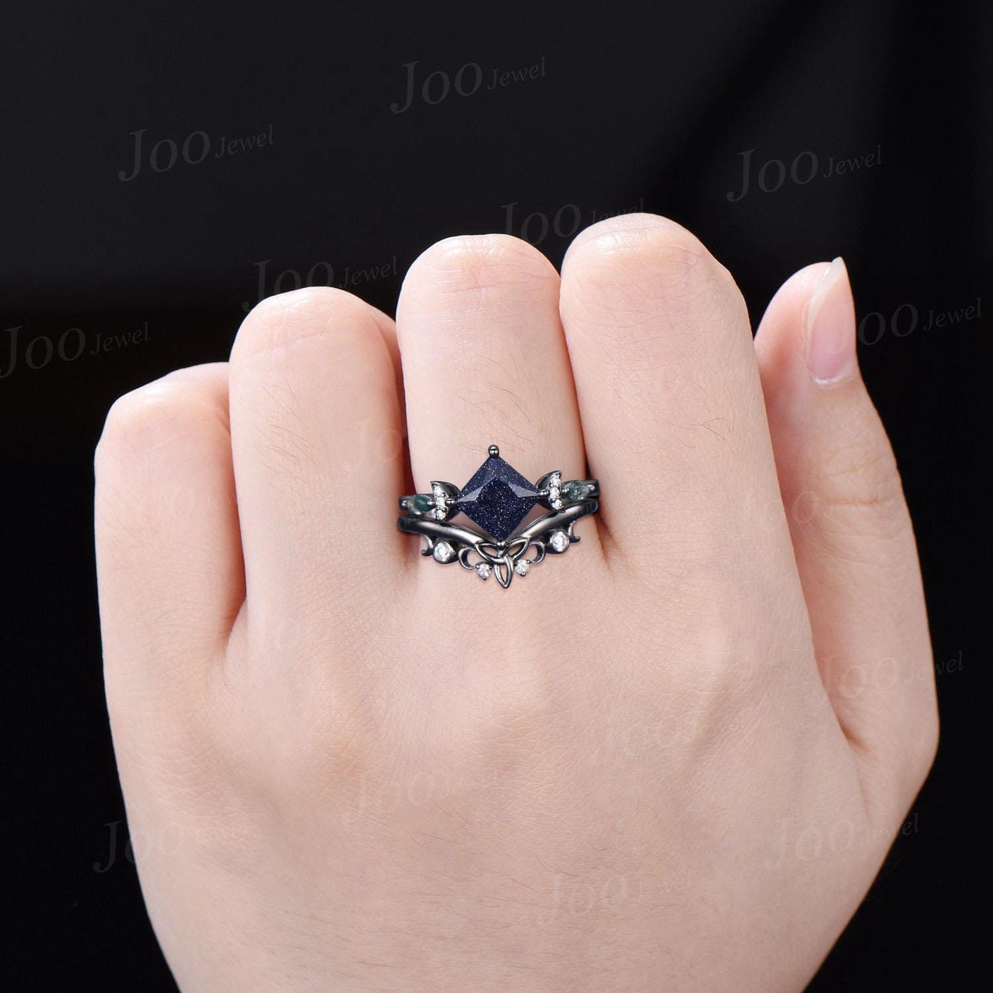 2ct Princess Cut Galaxy Blue Sandstone Celestial Engagement Ring Set Triple Moon Band Gothic Black Gold Blue Goldstone Moon Phase Ring Women