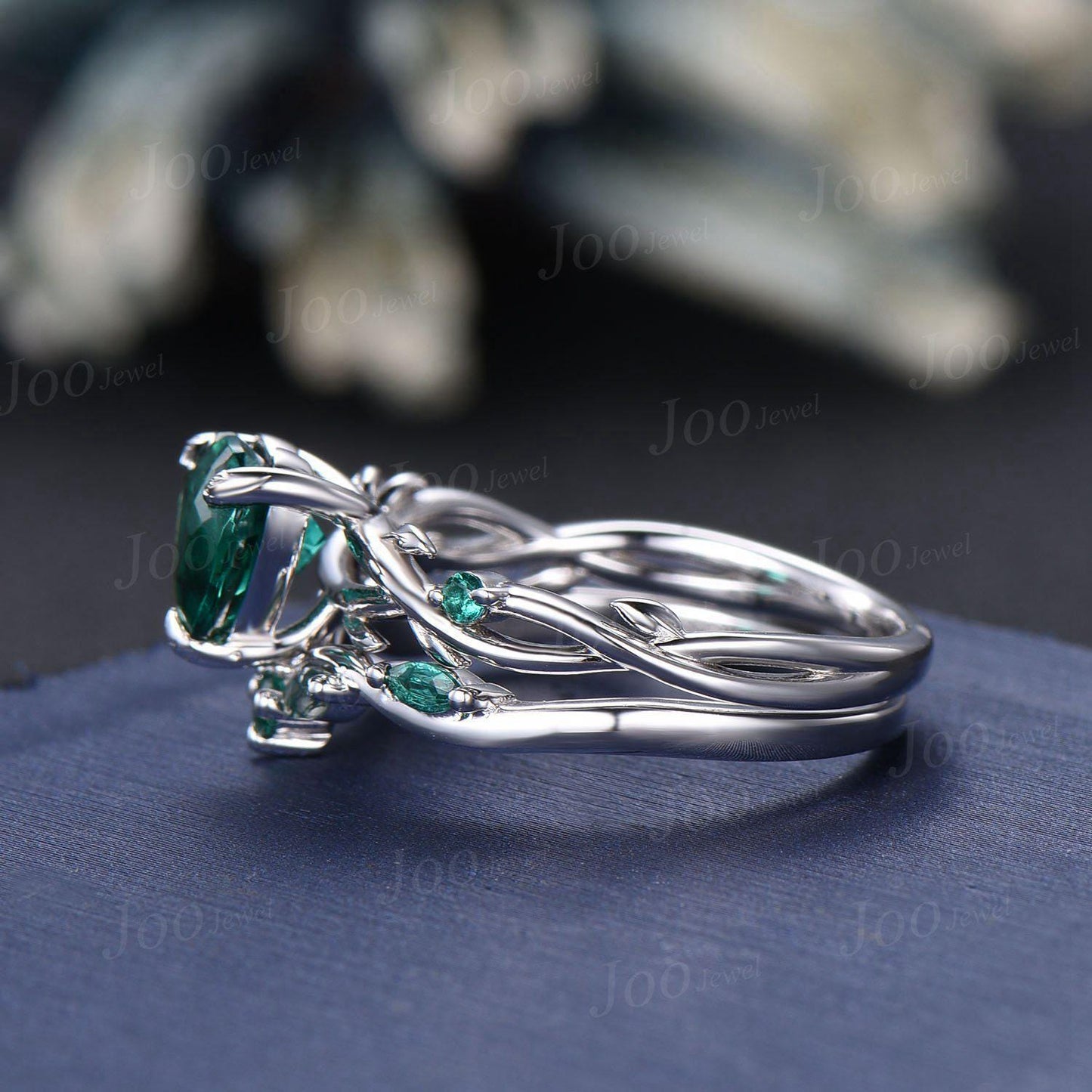 14K Black Gold Twig Vine Heart Cut Green Emerald Engagement Ring Set Moss Agate Wedding Ring Set Goth Black Promise Ring Women Jewelry Gifts