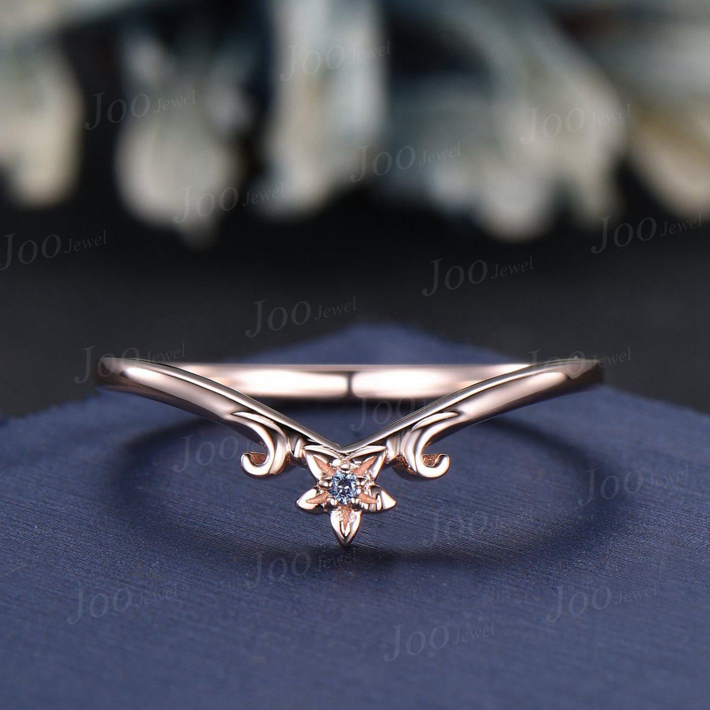 Nature Inspired Band Alexandrite Contour Wedding Band Rose Gold Unique Floral Curved Wedding Ring Twig Vine Stackable Bridal Promise Ring