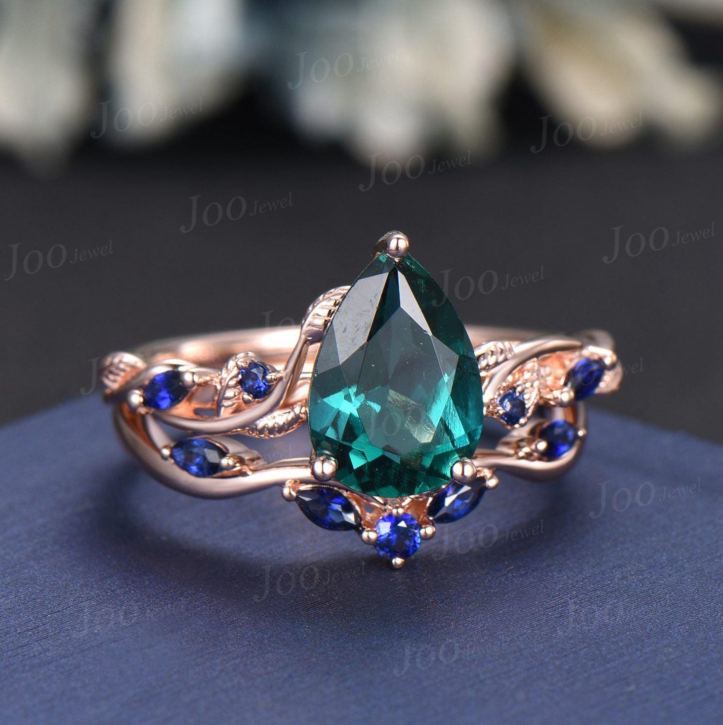 7*10MM Pear Cut Green Emerald Engagement Ring Set Twig Vine Leaf Blue Sapphire Wedding Band Teardrop Bridal Ring May Birthstone Gift Women