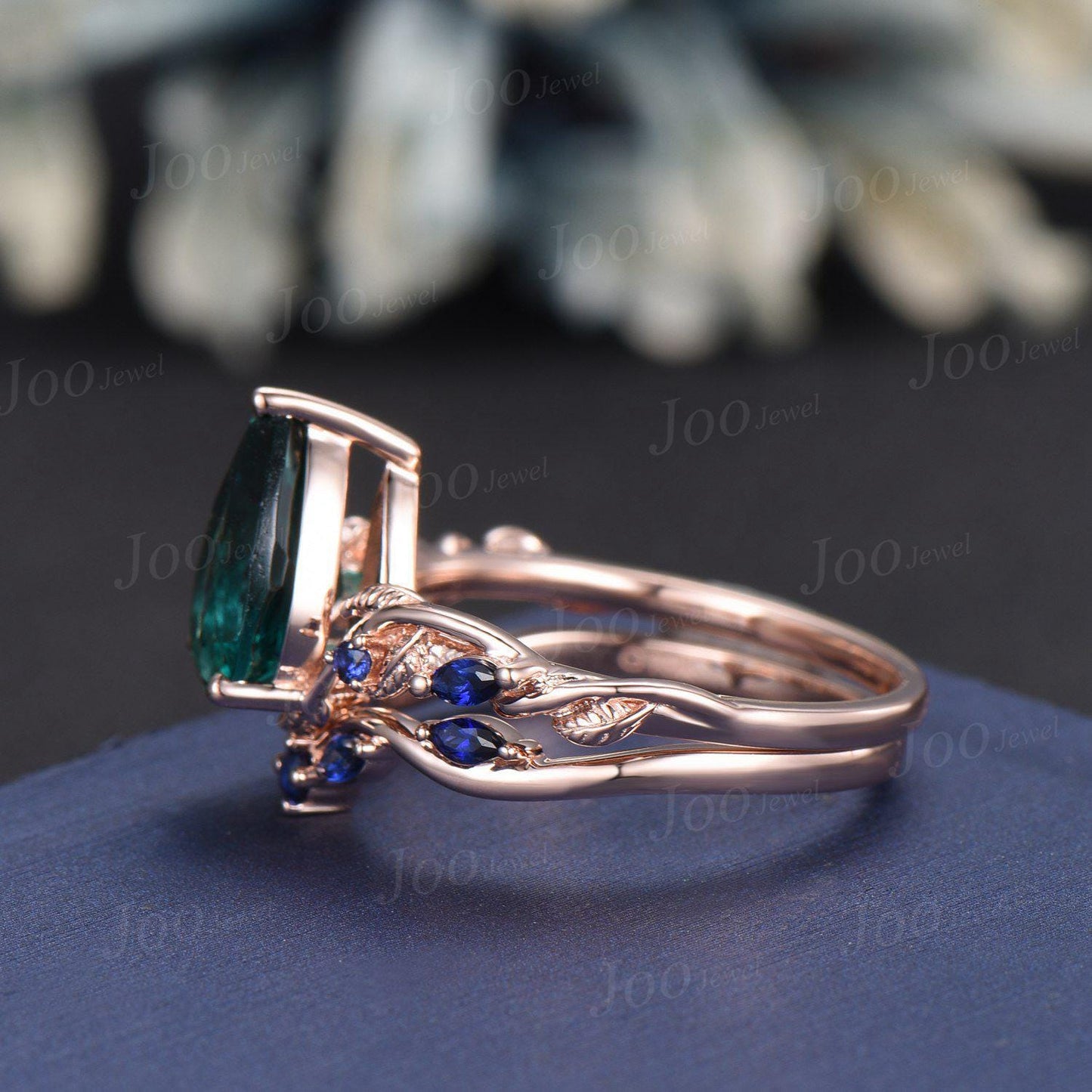 7*10MM Pear Cut Green Emerald Engagement Ring Set Twig Vine Leaf Blue Sapphire Wedding Band Teardrop Bridal Ring May Birthstone Gift Women