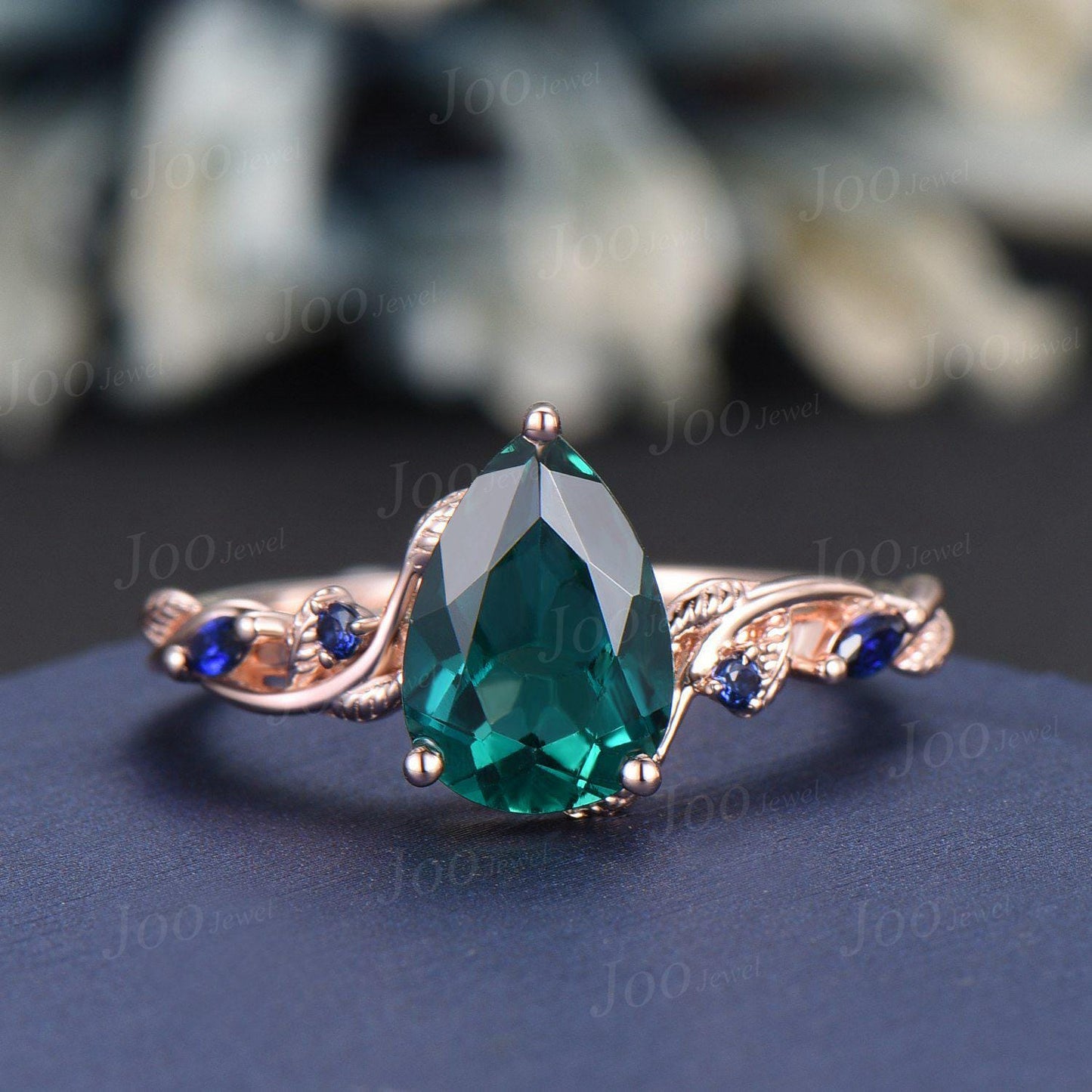 7*10MM Pear Cut Green Emerald Engagement Ring Set Twig Vine Leaf Blue Sapphire Wedding Band Teardrop Bridal Ring May Birthstone Gift Women