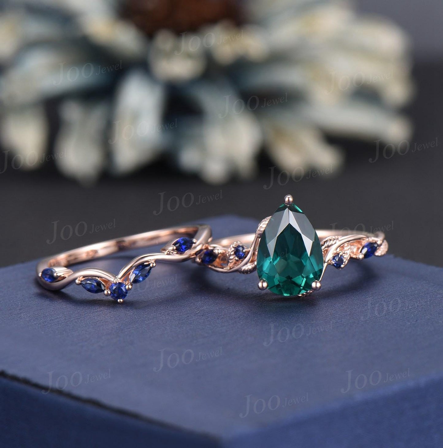 7*10MM Pear Cut Green Emerald Engagement Ring Set Twig Vine Leaf Blue Sapphire Wedding Band Teardrop Bridal Ring May Birthstone Gift Women