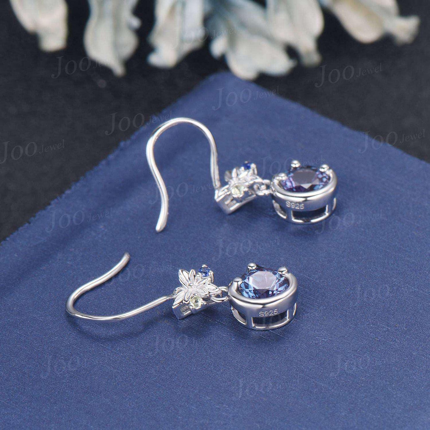 5mm Round Color-Change Alexandrite Moon Earrings Celtic Knot Trinity Earrings Silver Leaf Personalized Gemstone Dangle Earrings for Women