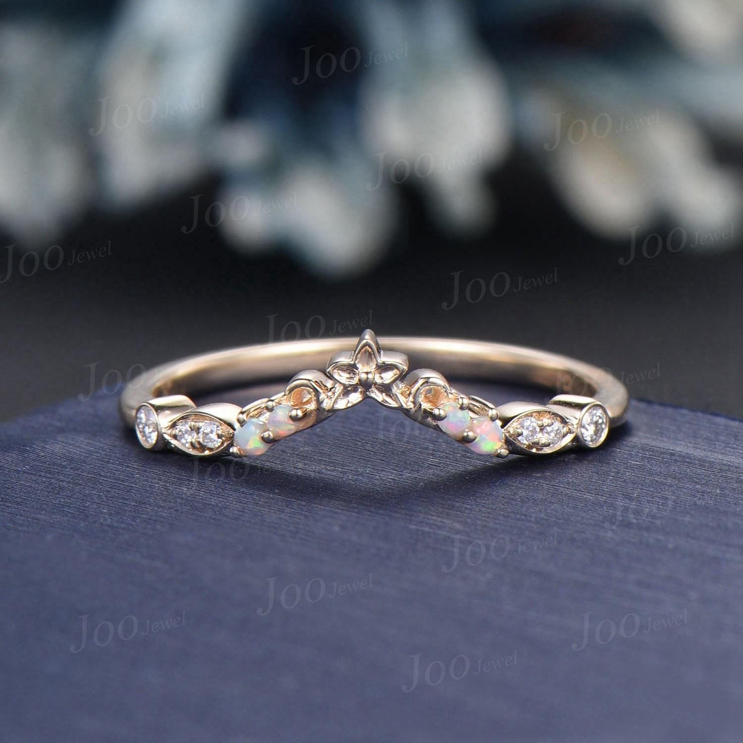 Nature Inspired White Opal Contour Wedding Band 14K Gold Unique Curved Floral Wedding Ring Stackable Filigree Bridal Twig Vine Promise Ring