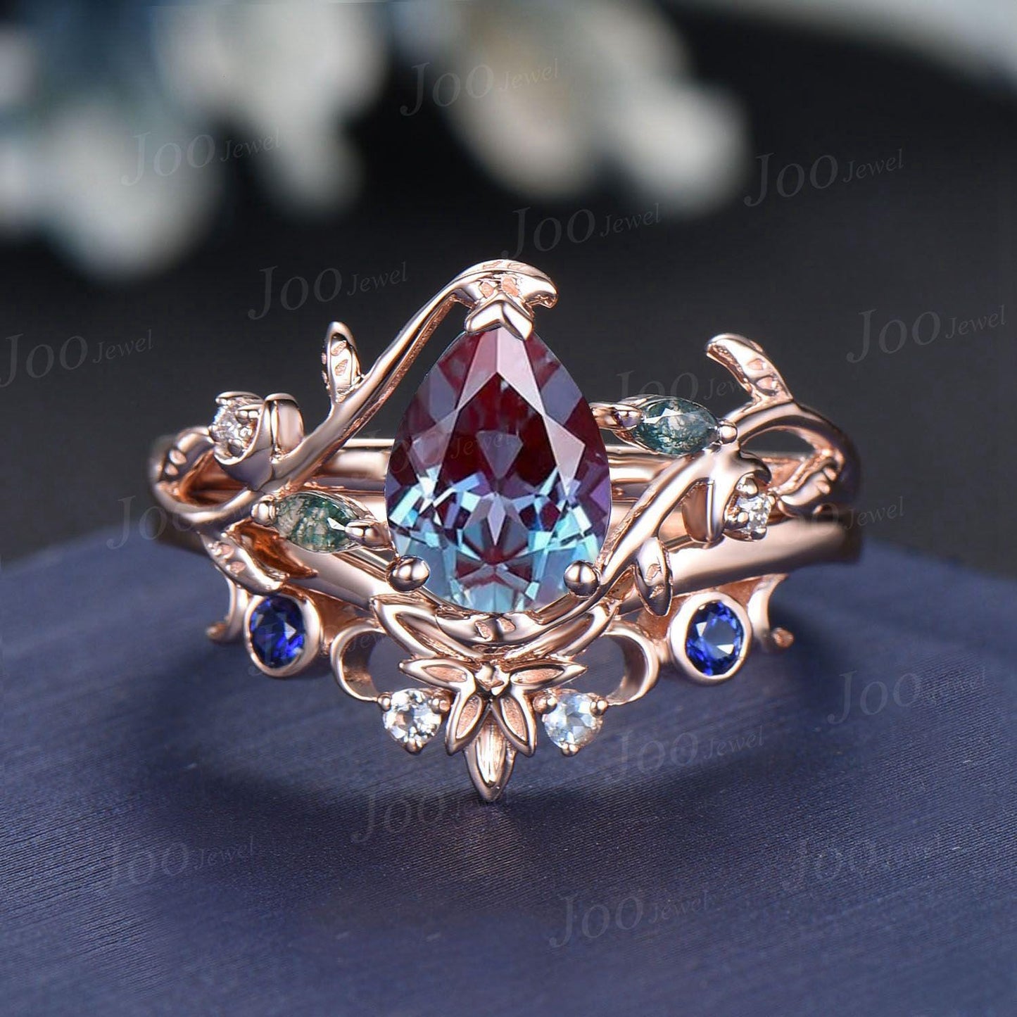 1.25ct Pear Cut Color-Change Alexandrite Crescent Moon Bridal Set Triple Moon Leaf Celtic Wedding Band Branch Twig Vine Alexandrite Ring Set