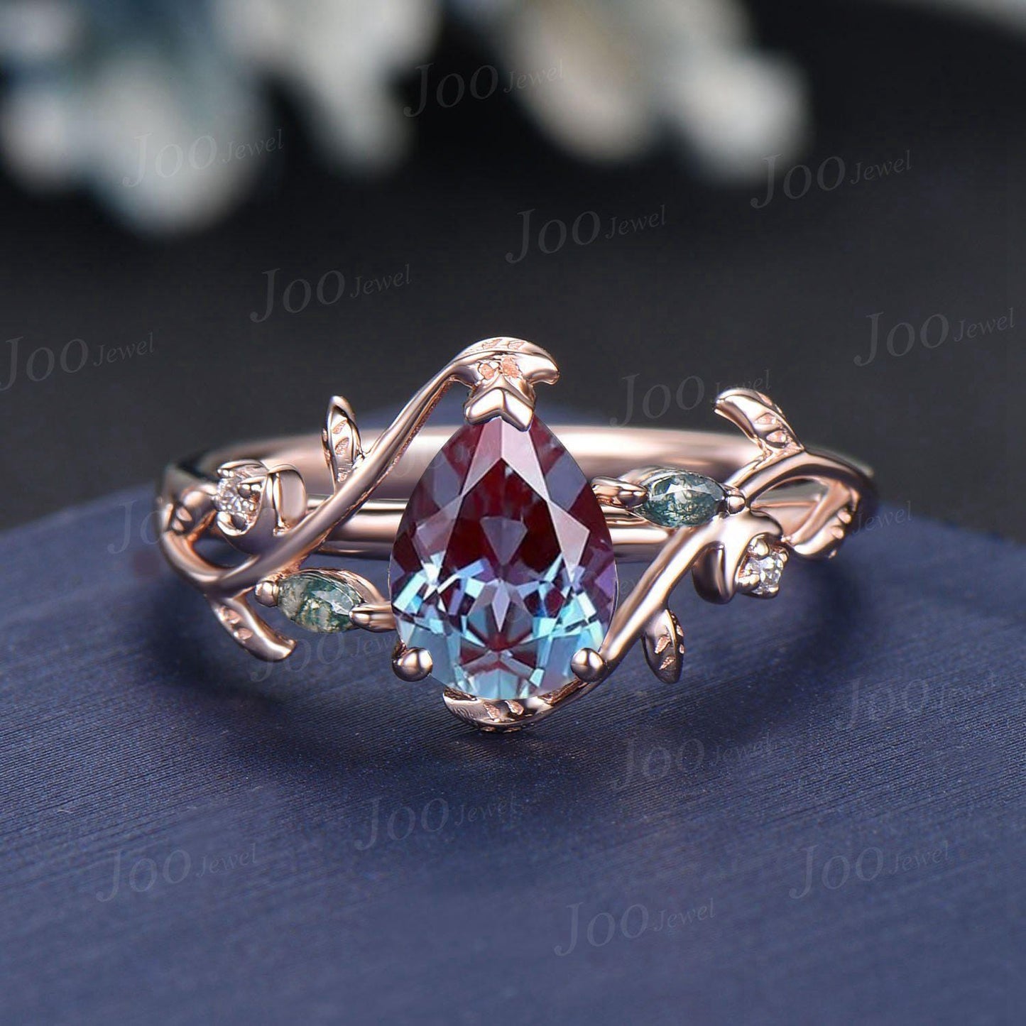 1.25ct Pear Cut Color-Change Alexandrite Crescent Moon Bridal Set Triple Moon Leaf Celtic Wedding Band Branch Twig Vine Alexandrite Ring Set