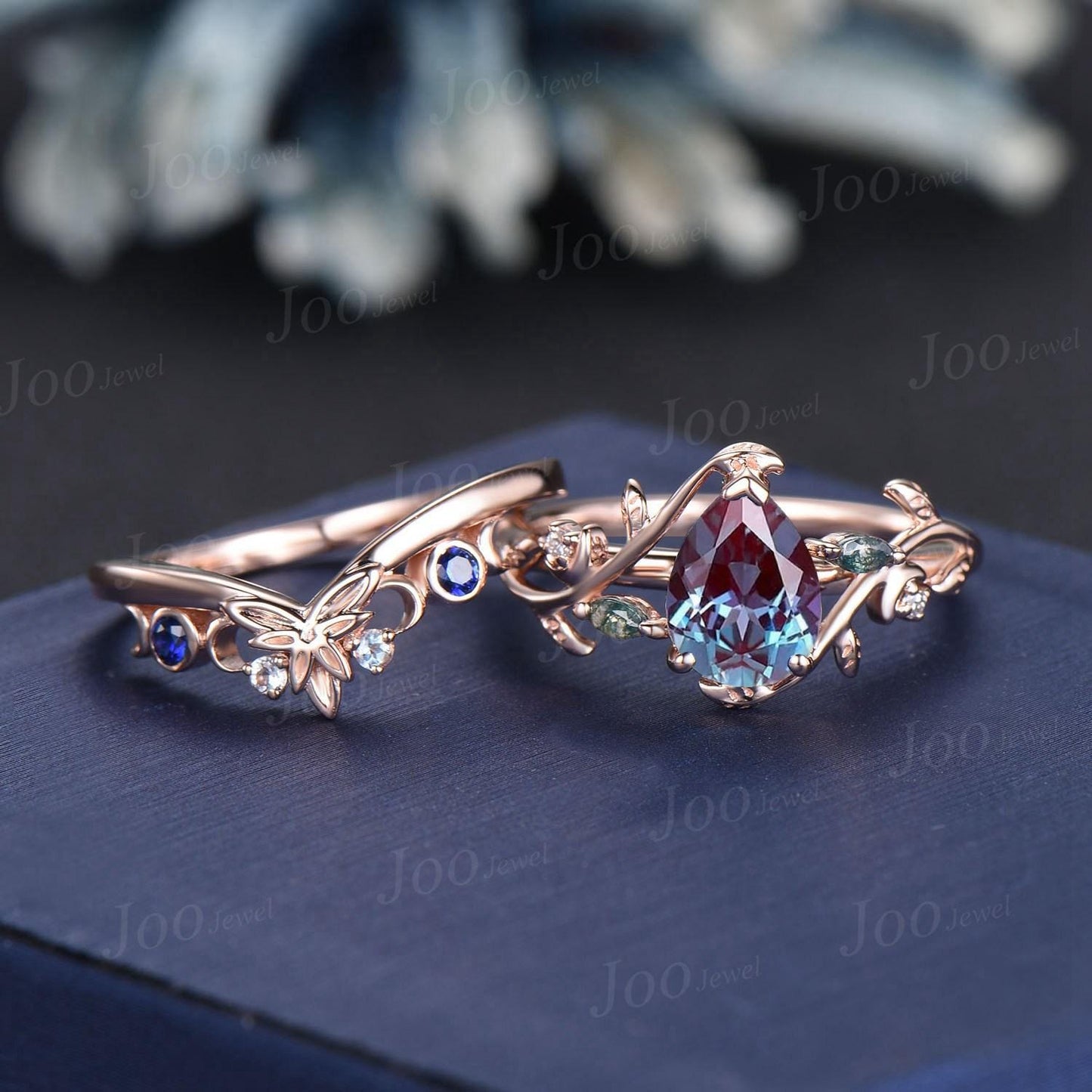 1.25ct Pear Cut Color-Change Alexandrite Crescent Moon Bridal Set Triple Moon Leaf Celtic Wedding Band Branch Twig Vine Alexandrite Ring Set