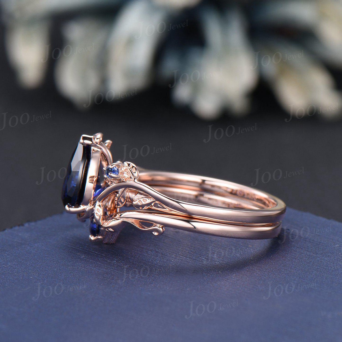1.25ct Nature Inspired Pear Cut Blue Sapphire Bridal Set 14K Rose Gold Twig Vine Wedding Ring Unique September Birthstone Birthday Gifts