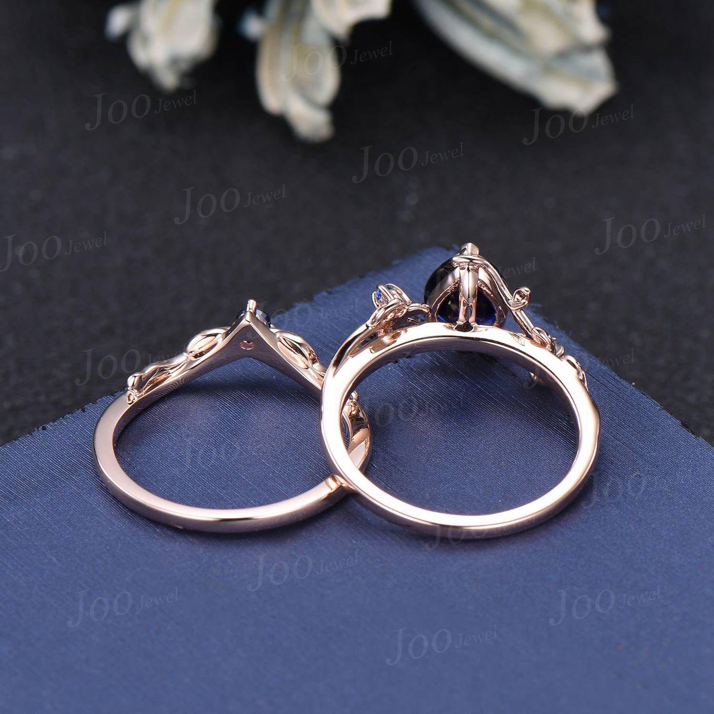1.25ct Nature Inspired Pear Cut Blue Sapphire Bridal Set 14K Rose Gold Twig Vine Wedding Ring Unique September Birthstone Birthday Gifts