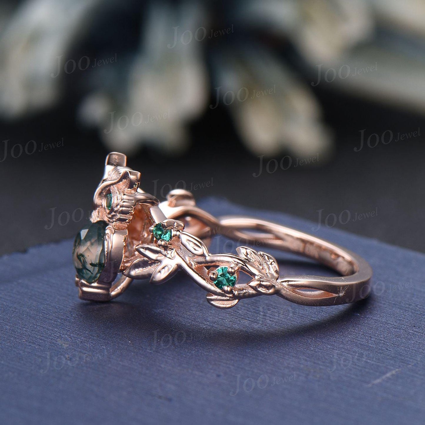 Unique Owl Branch Engagement Ring with Emeralds Twig Ring Forest Green Moss Agate Engagement Ring, Fairy Nature Wedding Ring Owl Lover Gifts
