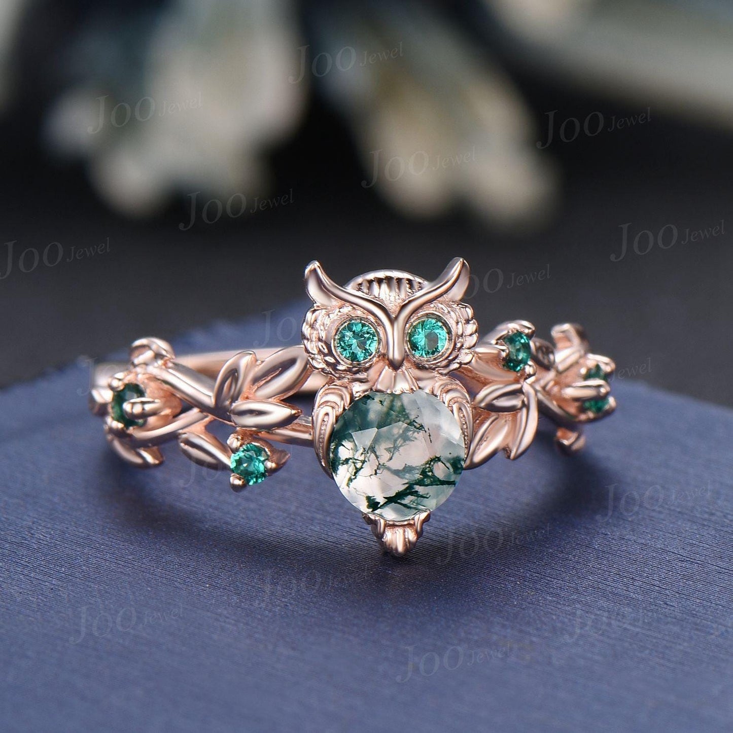 Unique Owl Branch Engagement Ring with Emeralds Twig Ring Forest Green Moss Agate Engagement Ring, Fairy Nature Wedding Ring Owl Lover Gifts