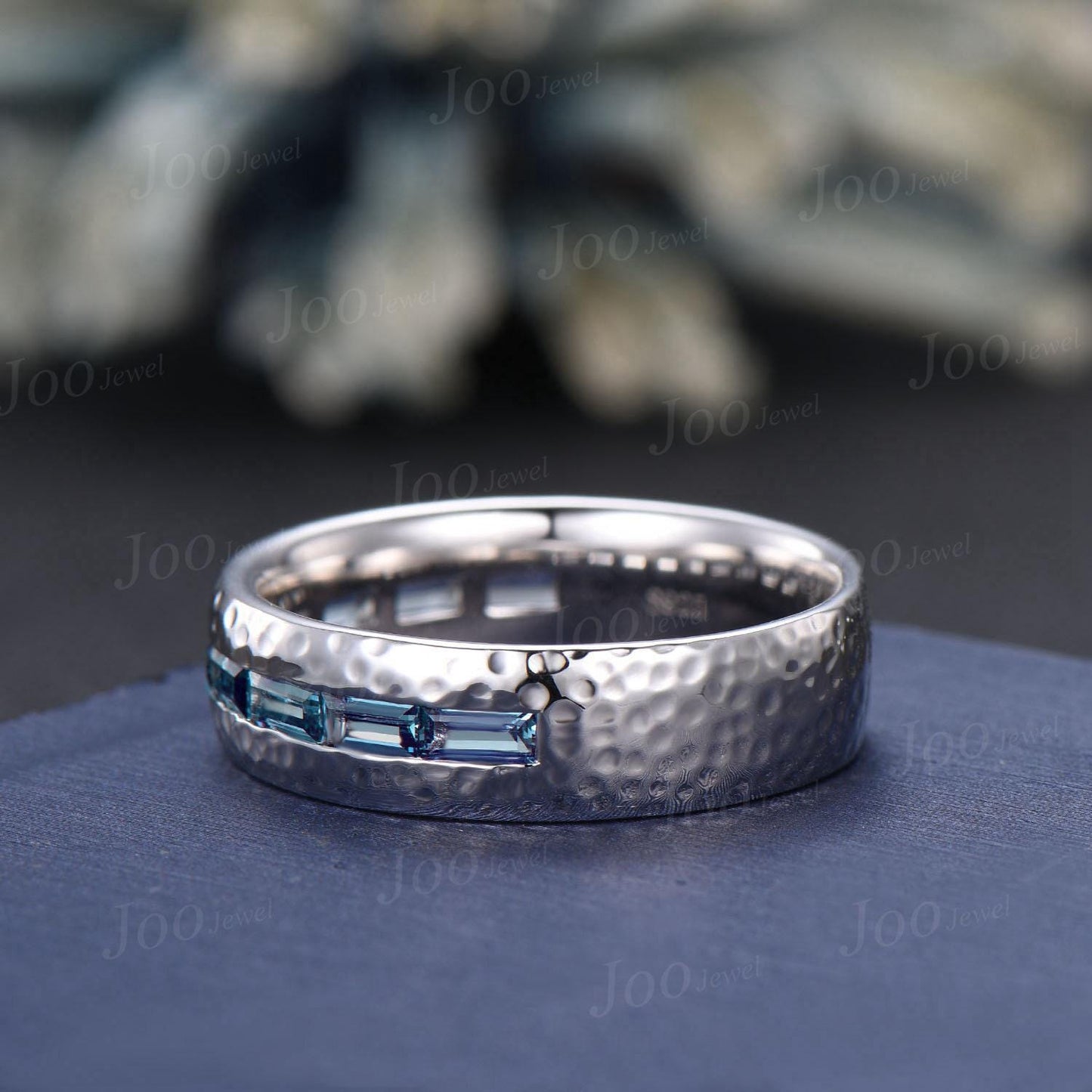 6mm Hammered Wedding Band Mens Alexandrite Promise Ring Silver Baguette Cut Alexandrite Band Vintage Half Eternity Band Men Solitaire Ring