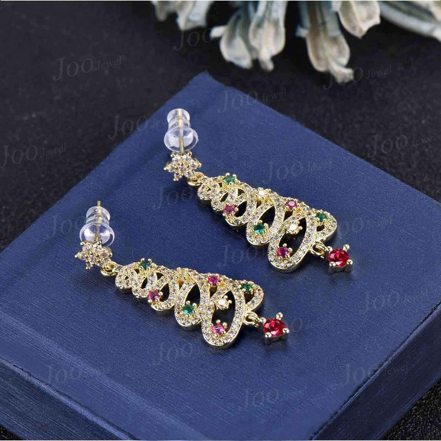 1 Pair Christmas Tree Earrings 10K/14K/18K Solid Gold Ruby Emerald Earrings Unique Luxury Holiday Earrings Christmas Jewelry Gift for Family