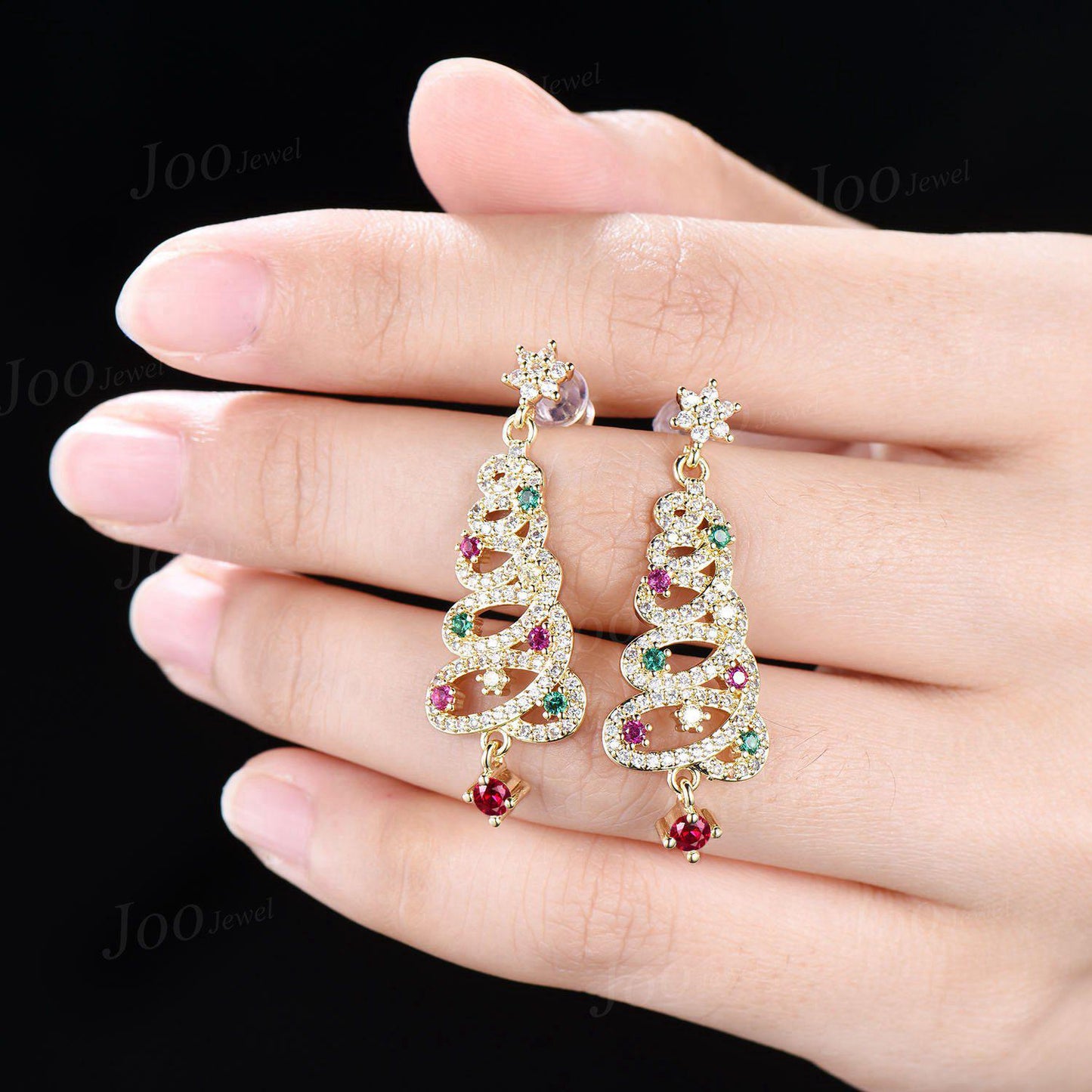1 Pair Christmas Tree Earrings 10K/14K/18K Solid Gold Ruby Emerald Earrings Unique Luxury Holiday Earrings Christmas Jewelry Gift for Family