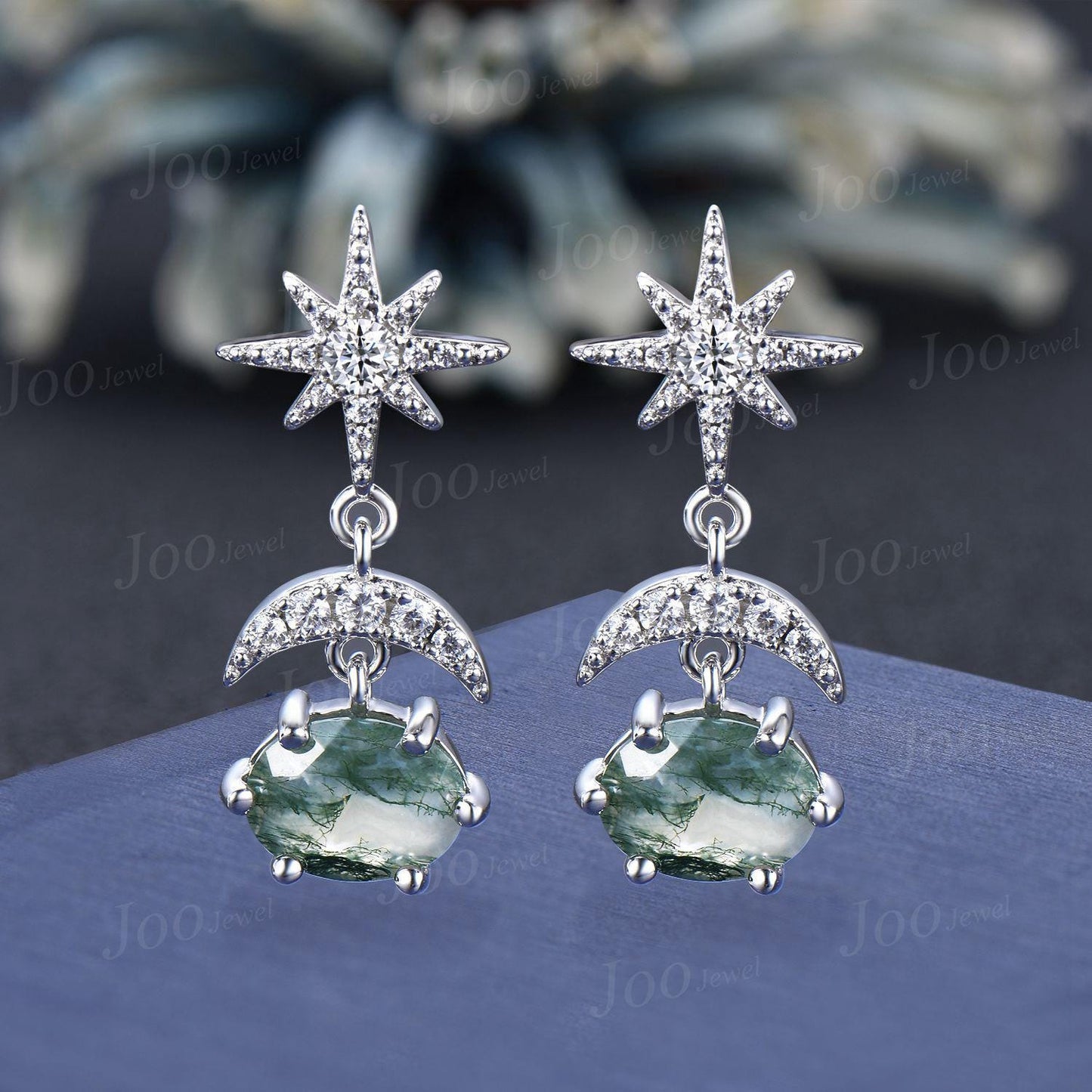 Kite Cut Moss Agate Starburst Dangle Earrings Vintage Sterling Silver Natural Gemstone Earrings Sun Moon Drop Earrings Women Hypoallergenic