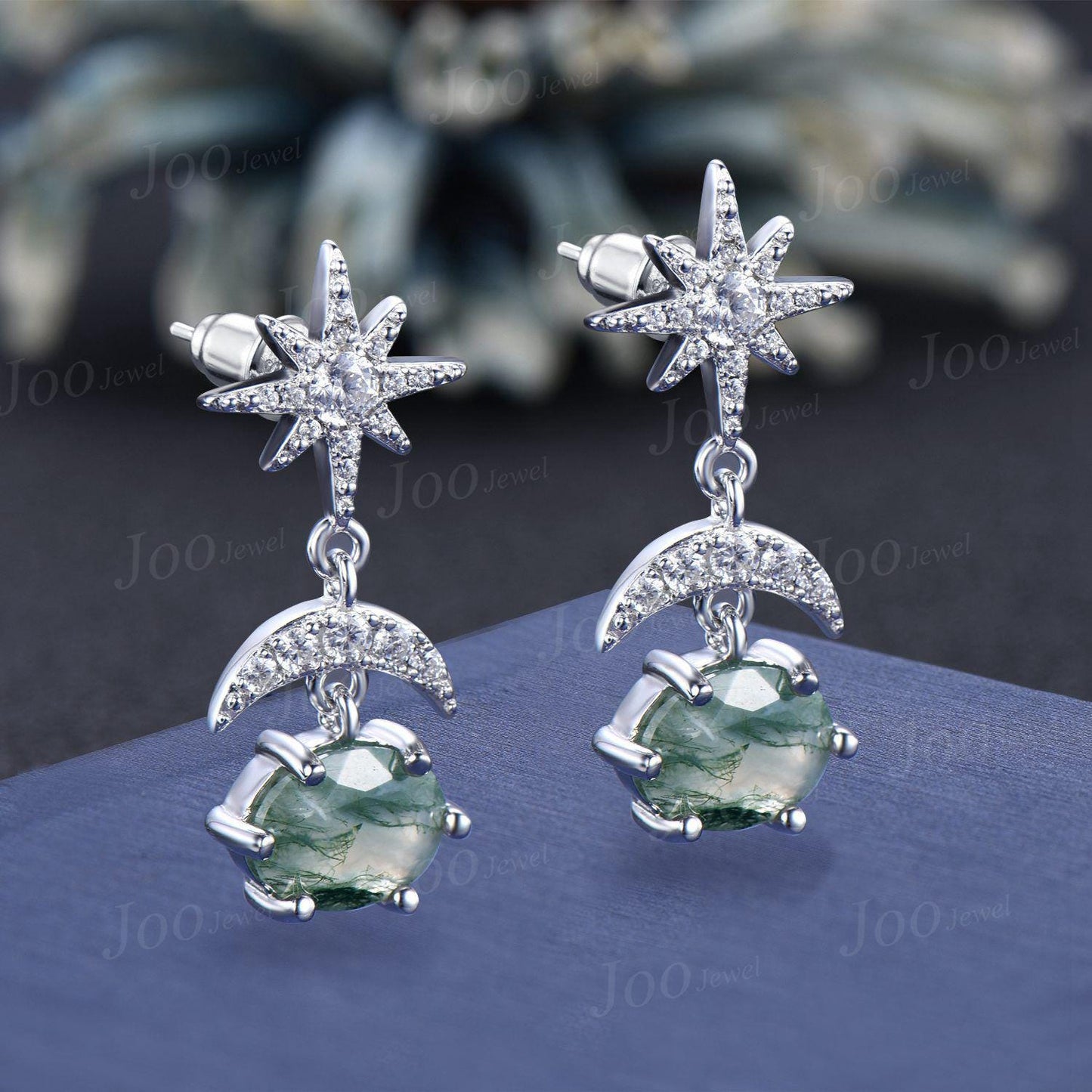 Kite Cut Moss Agate Starburst Dangle Earrings Vintage Sterling Silver Natural Gemstone Earrings Sun Moon Drop Earrings Women Hypoallergenic