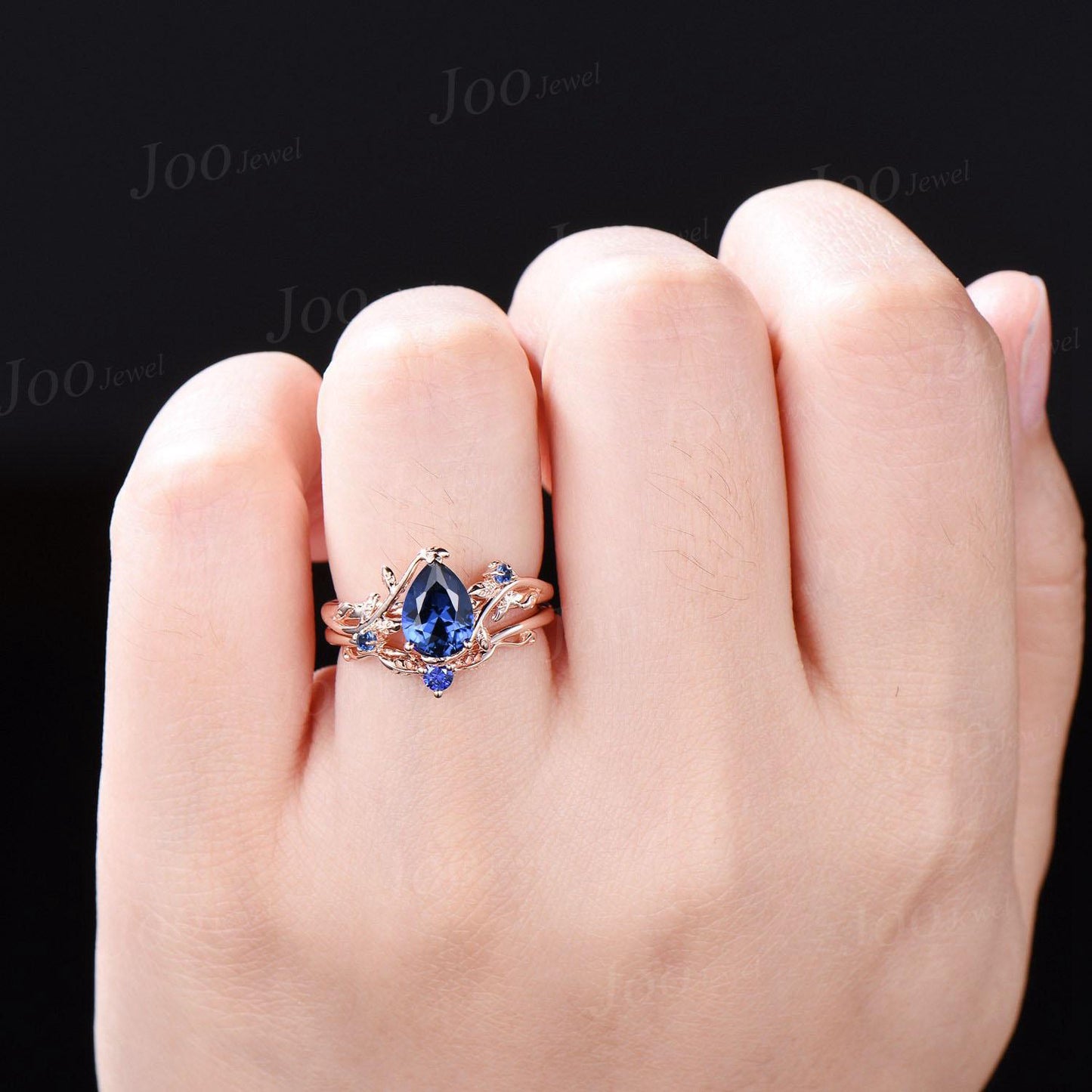 1.25ct Nature Inspired Pear Cut Blue Sapphire Bridal Set 14K Rose Gold Twig Vine Wedding Ring Unique September Birthstone Birthday Gifts