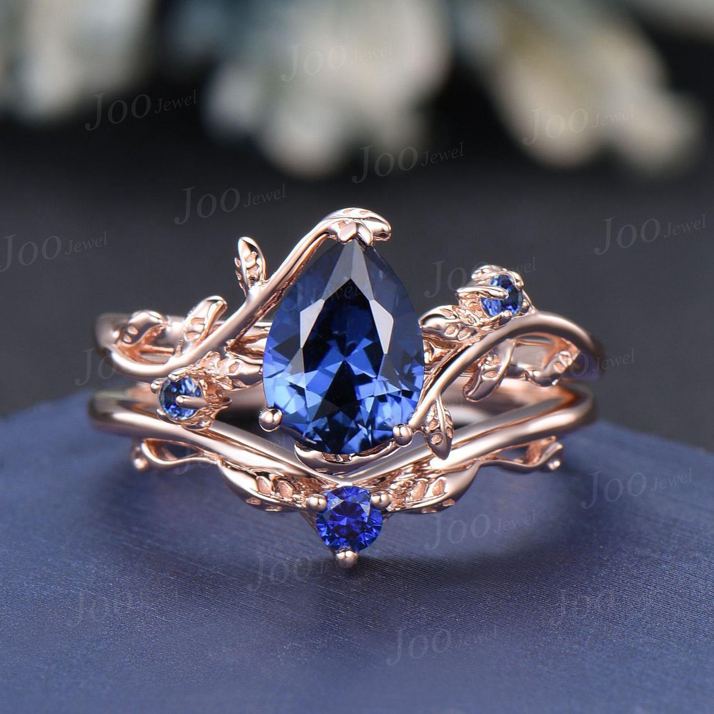 1.25ct Nature Inspired Pear Cut Blue Sapphire Bridal Set 14K Rose Gold Twig Vine Wedding Ring Unique September Birthstone Birthday Gifts