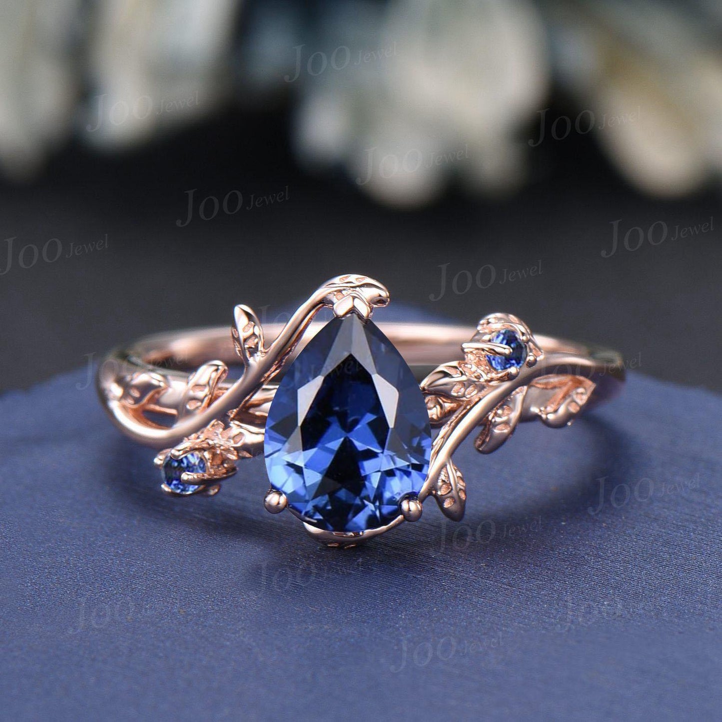 1.25ct Nature Inspired Pear Cut Blue Sapphire Bridal Set 14K Rose Gold Twig Vine Wedding Ring Unique September Birthstone Birthday Gifts