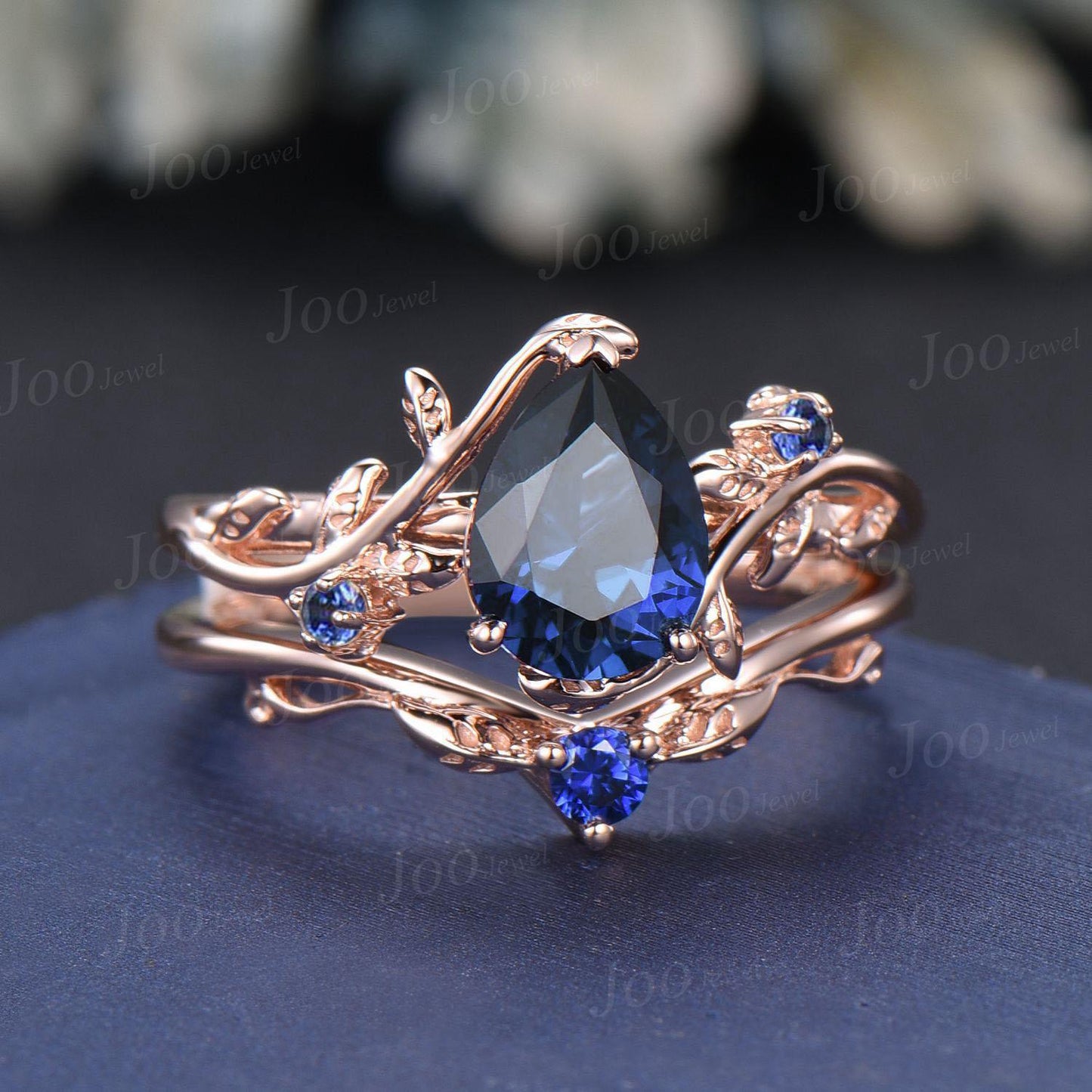 1.25ct Nature Inspired Pear Cut Blue Sapphire Bridal Set 14K Rose Gold Twig Vine Wedding Ring Unique September Birthstone Birthday Gifts