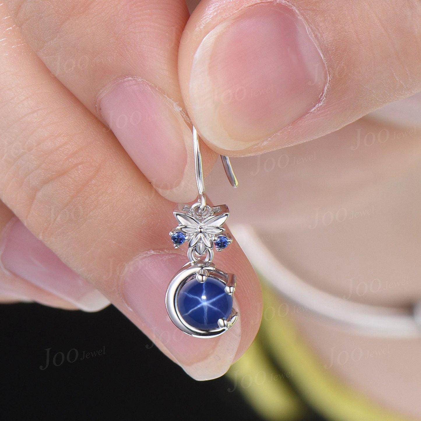 5mm Round Star Sapphire Dangle Earrings Silver Crescent Moon Blue Star Sapphire Drop Earrings Gemstone Hook Earrings Unique Birthstone Gifts