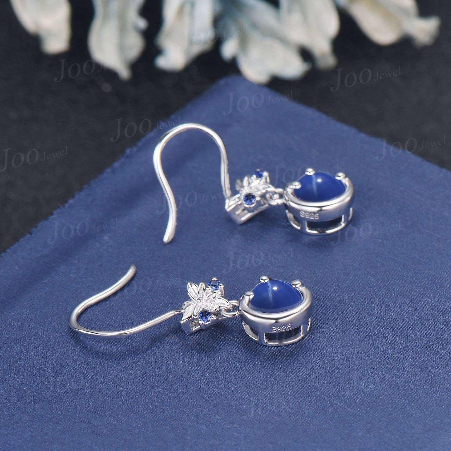 5mm Round Star Sapphire Dangle Earrings Silver Crescent Moon Blue Star Sapphire Drop Earrings Gemstone Hook Earrings Unique Birthstone Gifts