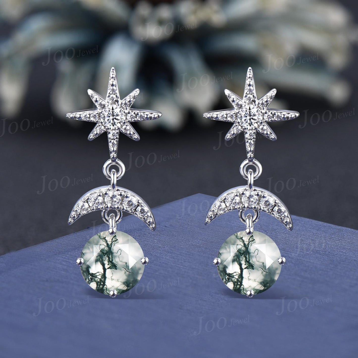 Kite Cut Moss Agate Starburst Dangle Earrings Vintage Sterling Silver Natural Gemstone Earrings Sun Moon Drop Earrings Women Hypoallergenic