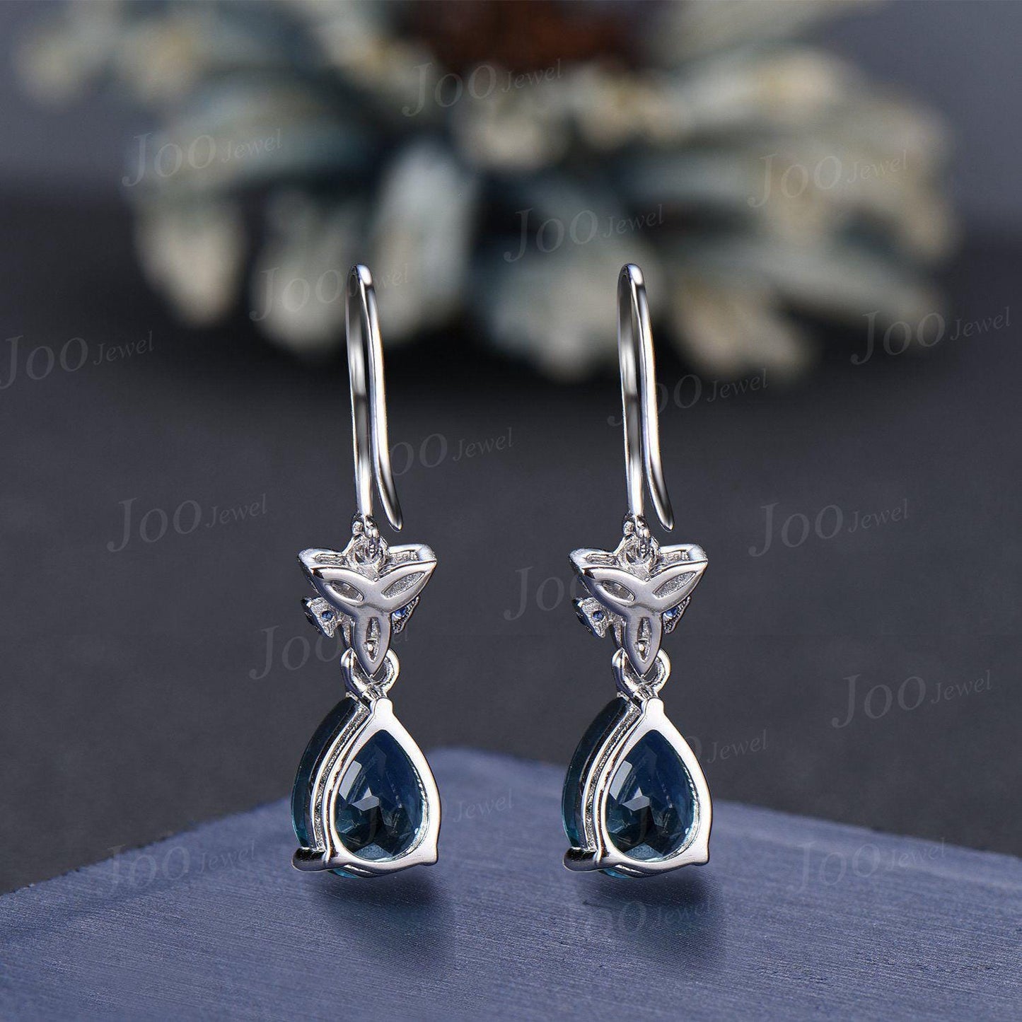 Celtic Trinity Knot Natural London Blue Topaz Hook Earring Silver Pear Topaz Sapphire Drop Earrings No Fading Gemstone Dangle Earrings Women