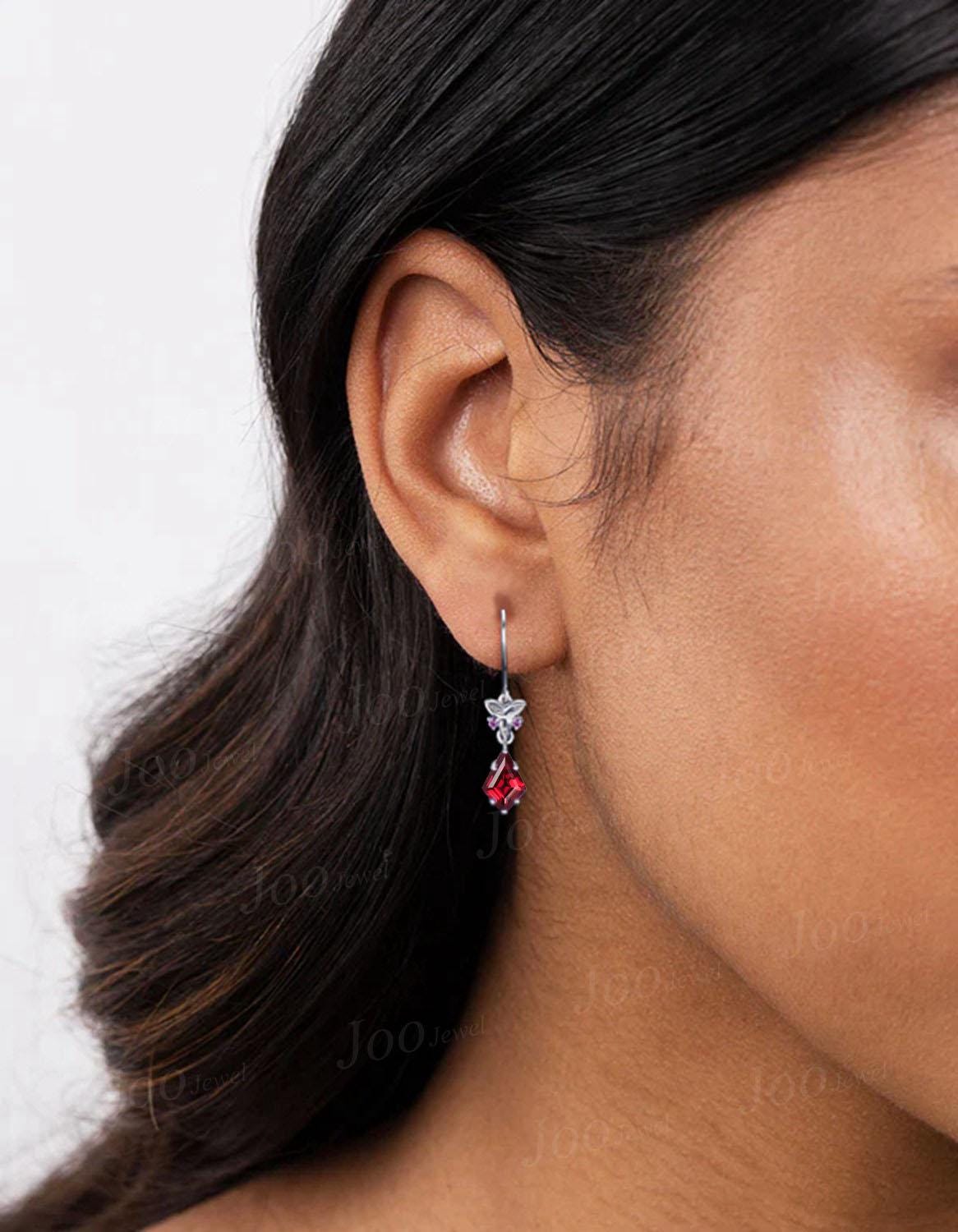 Celtic Trinity Knot Red Ruby Drop Earrings 1ct Kite Cut Natural Amethyst Ruby Earrings 18K White Gold Crystal Hook Dangle Earrings for Women