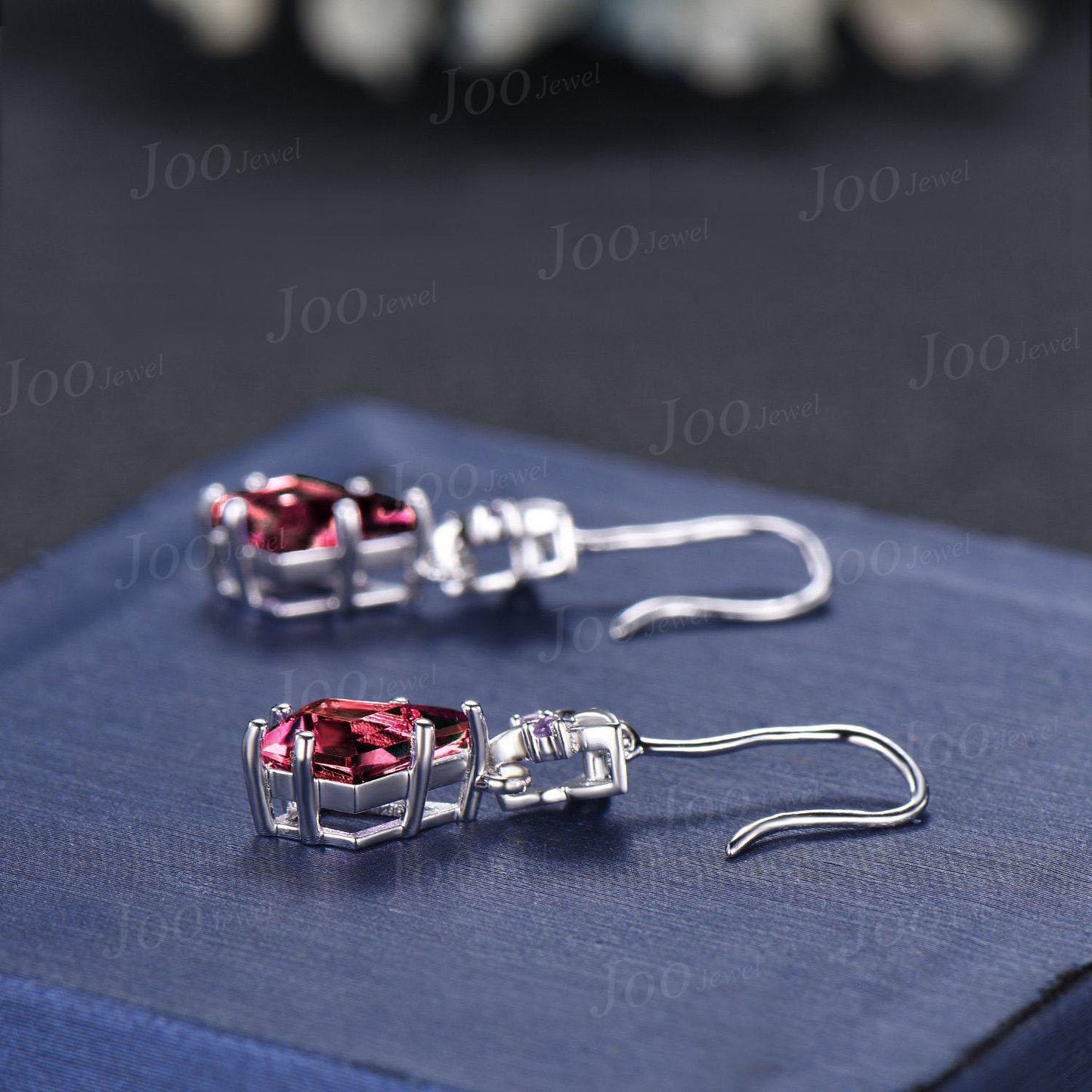 Celtic Trinity Knot Red Ruby Drop Earrings 1ct Kite Cut Natural Amethyst Ruby Earrings 18K White Gold Crystal Hook Dangle Earrings for Women