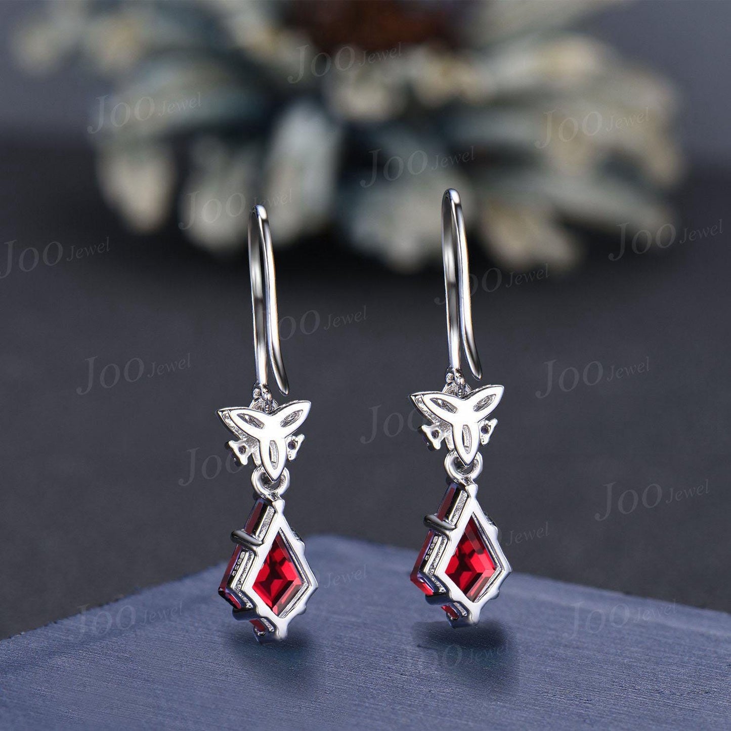 Celtic Trinity Knot Red Ruby Drop Earrings 1ct Kite Cut Natural Amethyst Ruby Earrings 18K White Gold Crystal Hook Dangle Earrings for Women