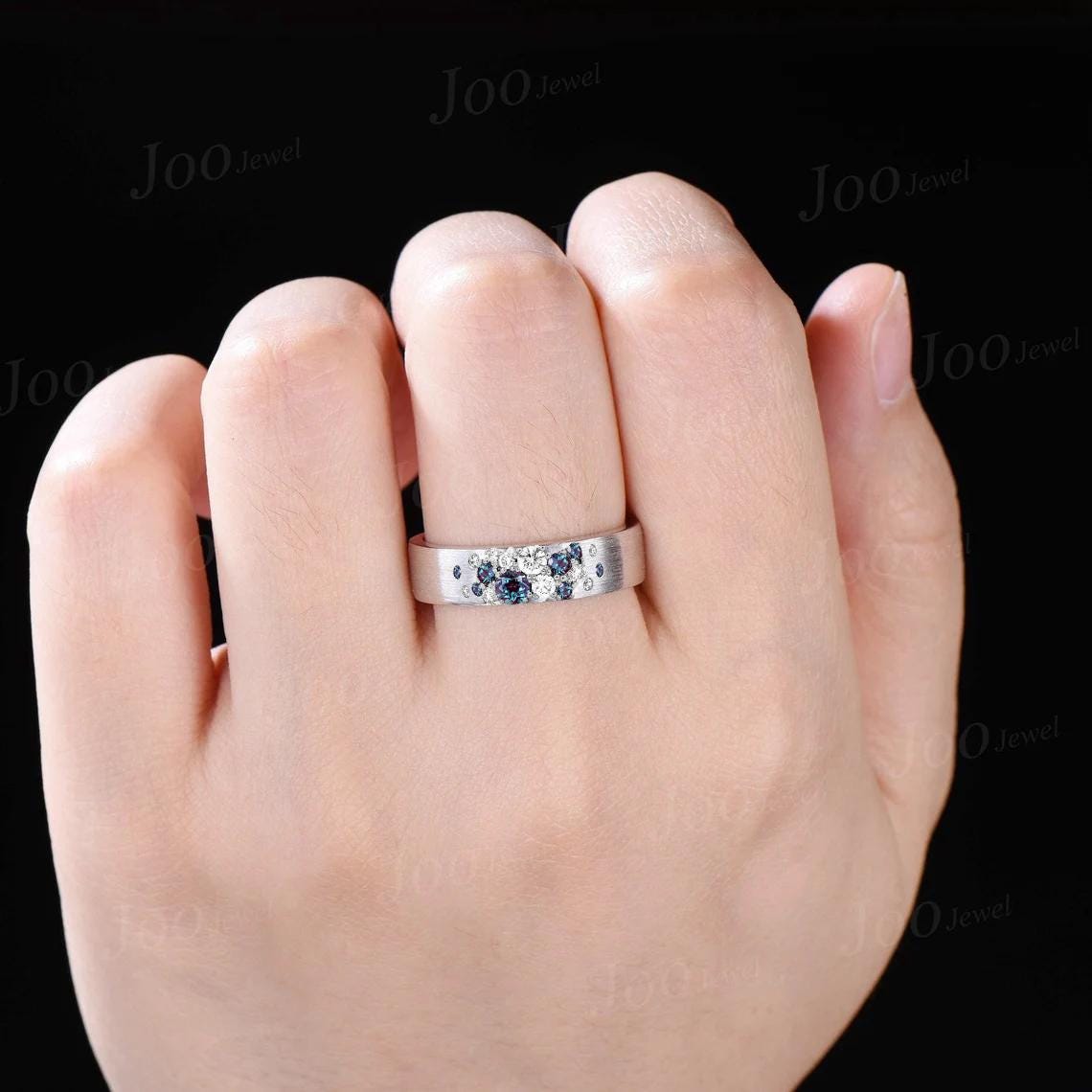 Sterling Silver Color-Change Alexandrite Moissanite Band Ring for Fiance Women Snowdrift Ring Gothic 6MM Brushed Finish Men Engagement Ring