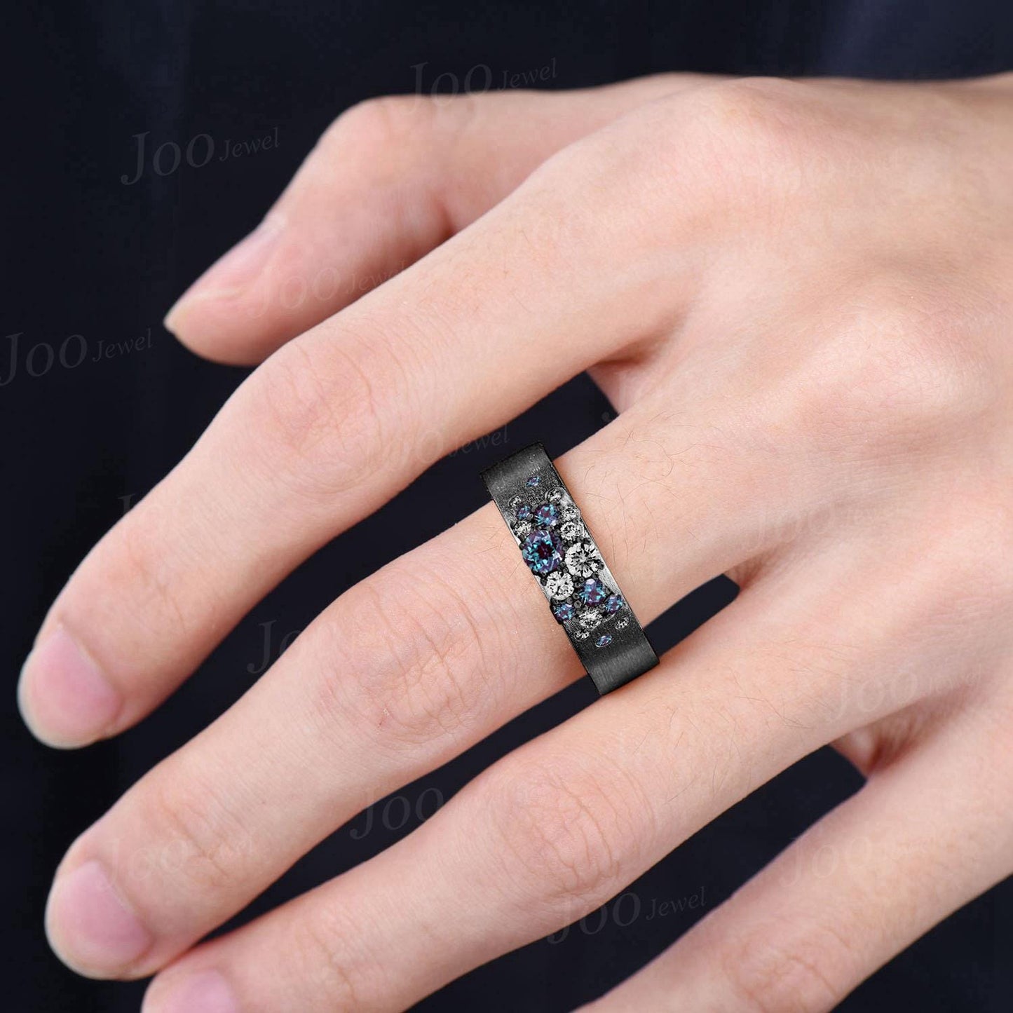 Sterling Silver Color-Change Alexandrite Moissanite Band Ring for Fiance Women Snowdrift Ring Gothic 6MM Brushed Finish Men Engagement Ring