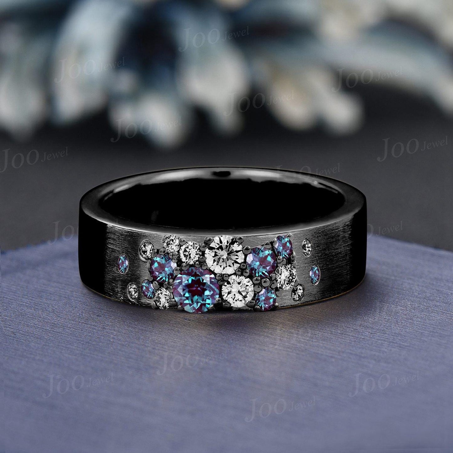 Sterling Silver Color-Change Alexandrite Moissanite Band Ring for Fiance Women Snowdrift Ring Gothic 6MM Brushed Finish Men Engagement Ring
